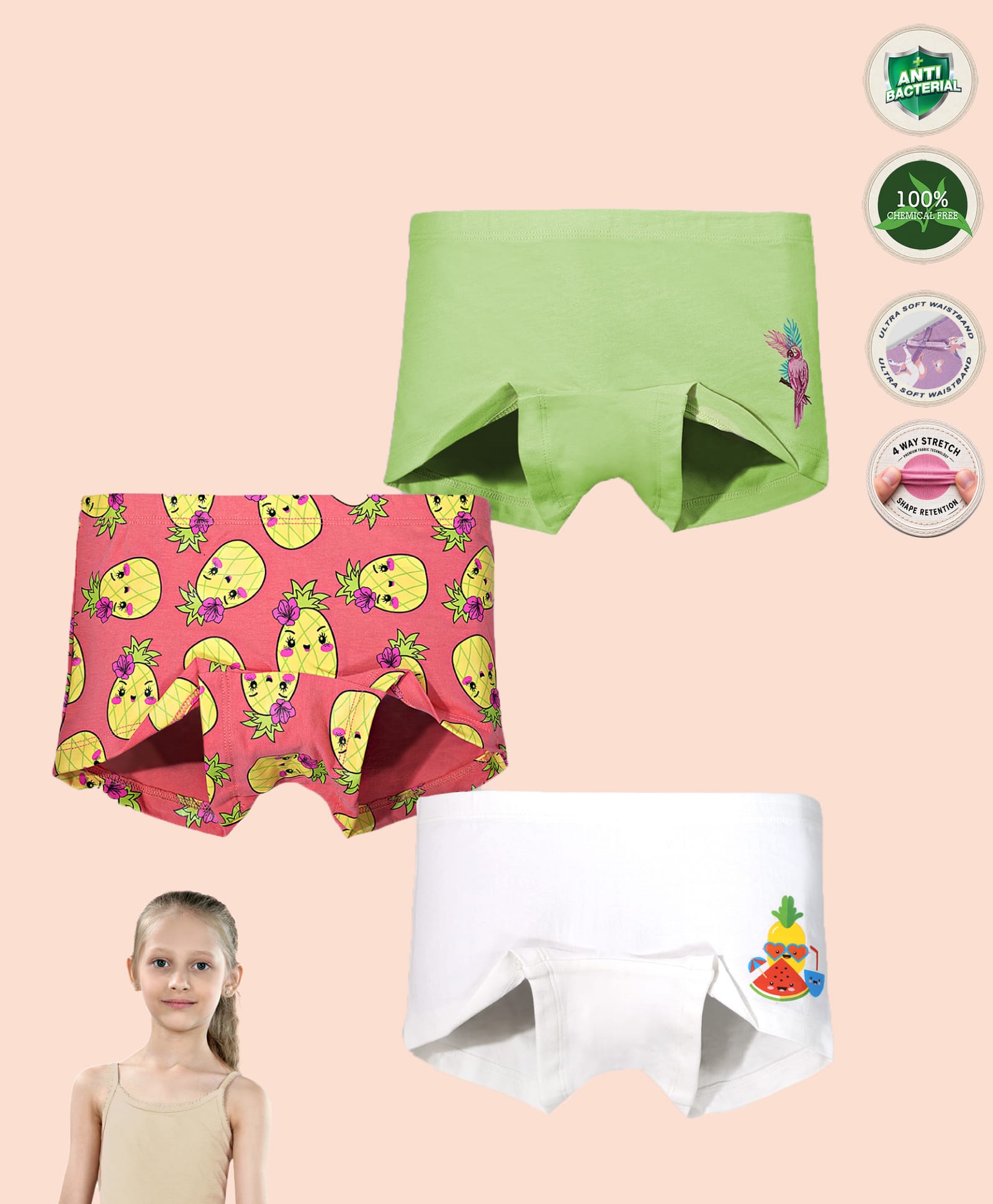 TRESNOVA Cotton Lycra Knit Pack Of 3 Pineapple & Bird Printed Anti Bacterial Boyshorts - Orange Green & White-picture-24