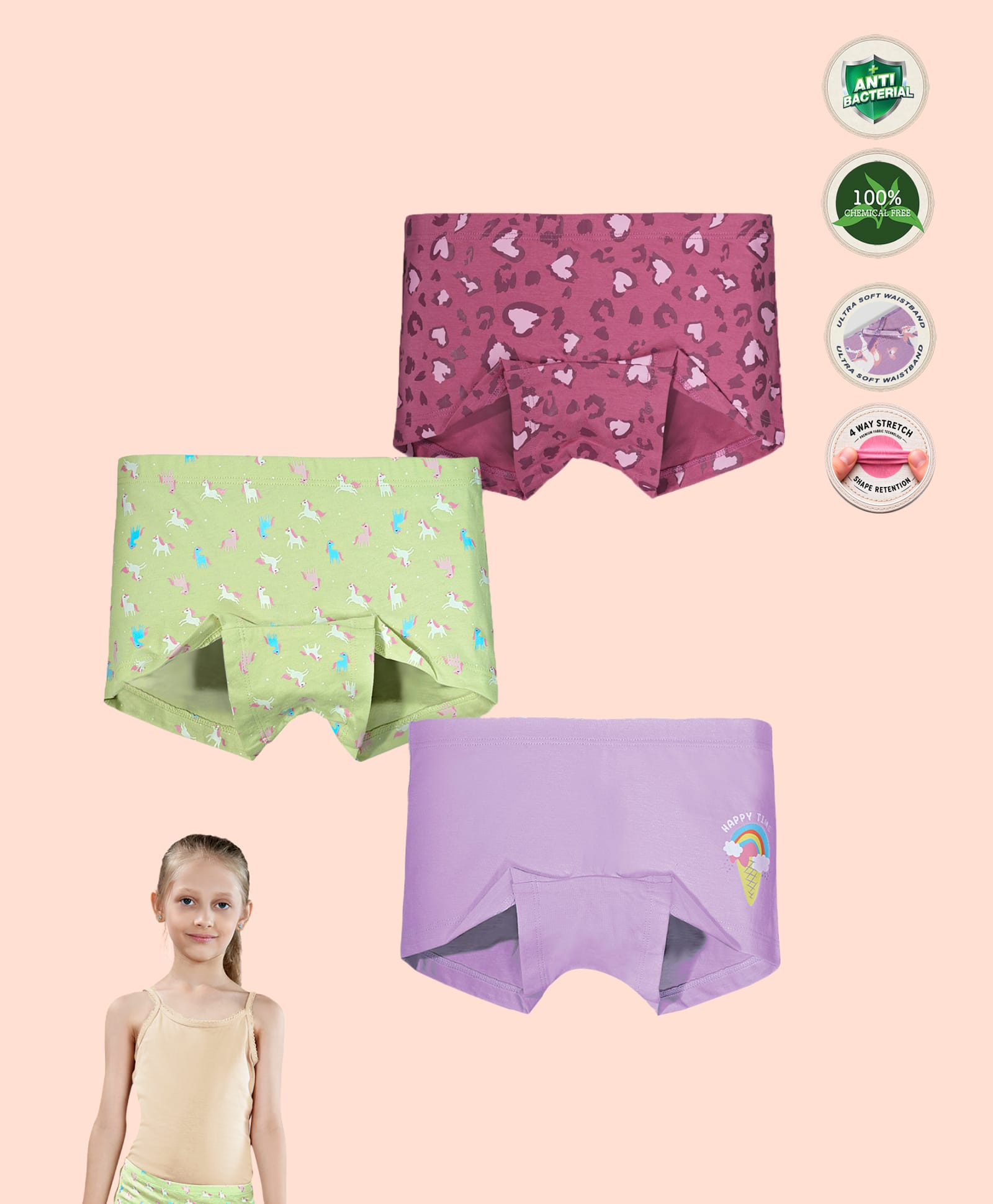 TRESNOVA Cotton Lycra Knit Pack Of 3 Unicorns & Leopard Pattern Hearts Printed Anti Bacterial Boyshorts - Green Pink & Lavender-picture-15