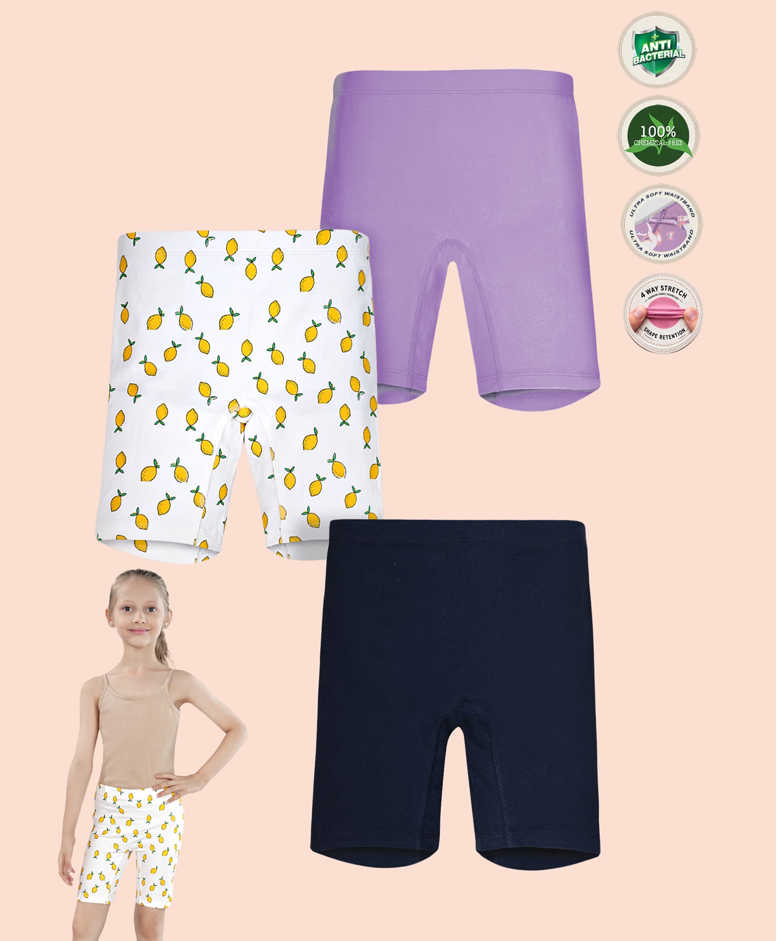 TRESNOVA Cotton Lycra Knit Pack Of 3 Lemon Printed & Solid Anti Microbial Cycling Shorts - White Lavender & Navy Blue-picture-21