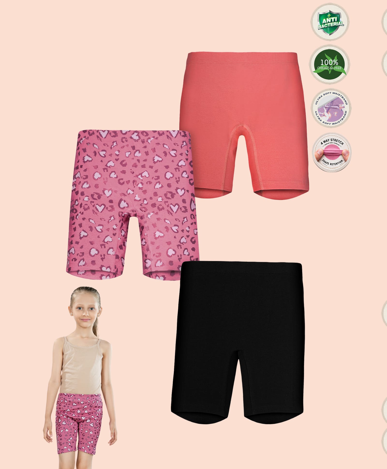 TRESNOVA Cotton Lycra Knit Pack Of 3 Heart Design Leopard Pattern Printed & Solid Anti Microbial Cycling Shorts - Pink Coral & Black-image-49