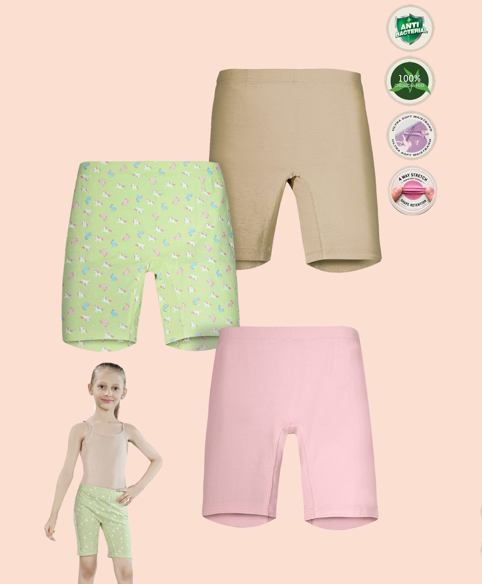 TRESNOVA Cotton Lycra Knit Pack Of 3 Horses Printed & Solid Anti Microbial Cycling Shorts - Green Pink & Beige-image-46