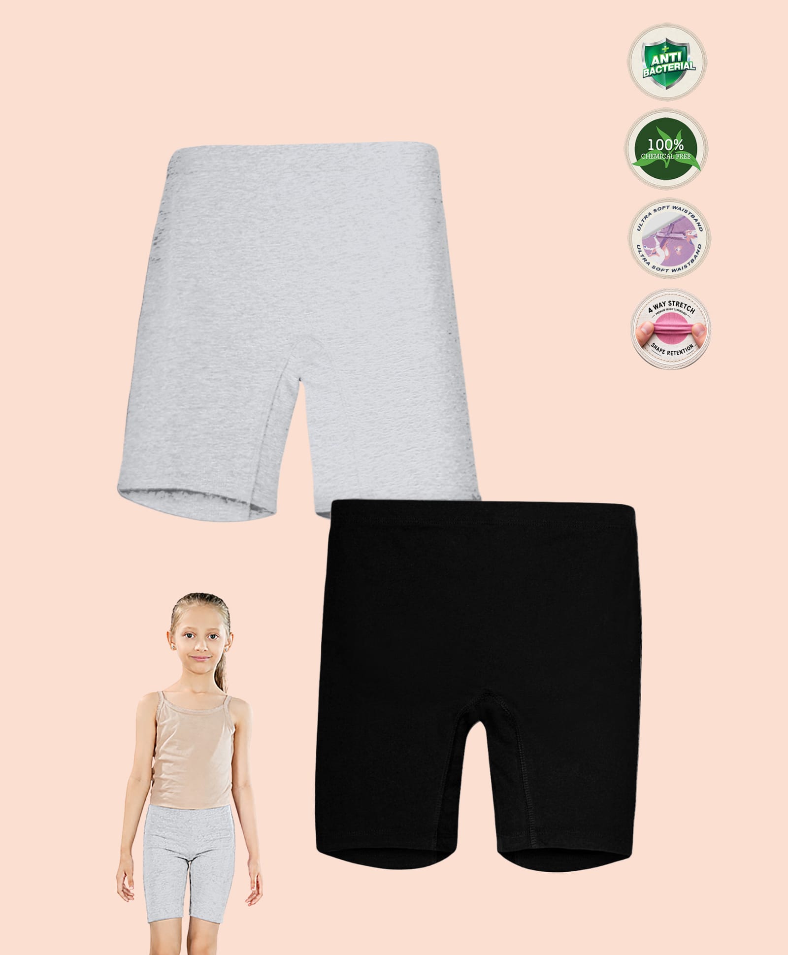 TRESNOVA Cotton Lycra Knit Pack Of 2 Solid Anti Microbial Cycling Shorts - Grey & Black-picture-20