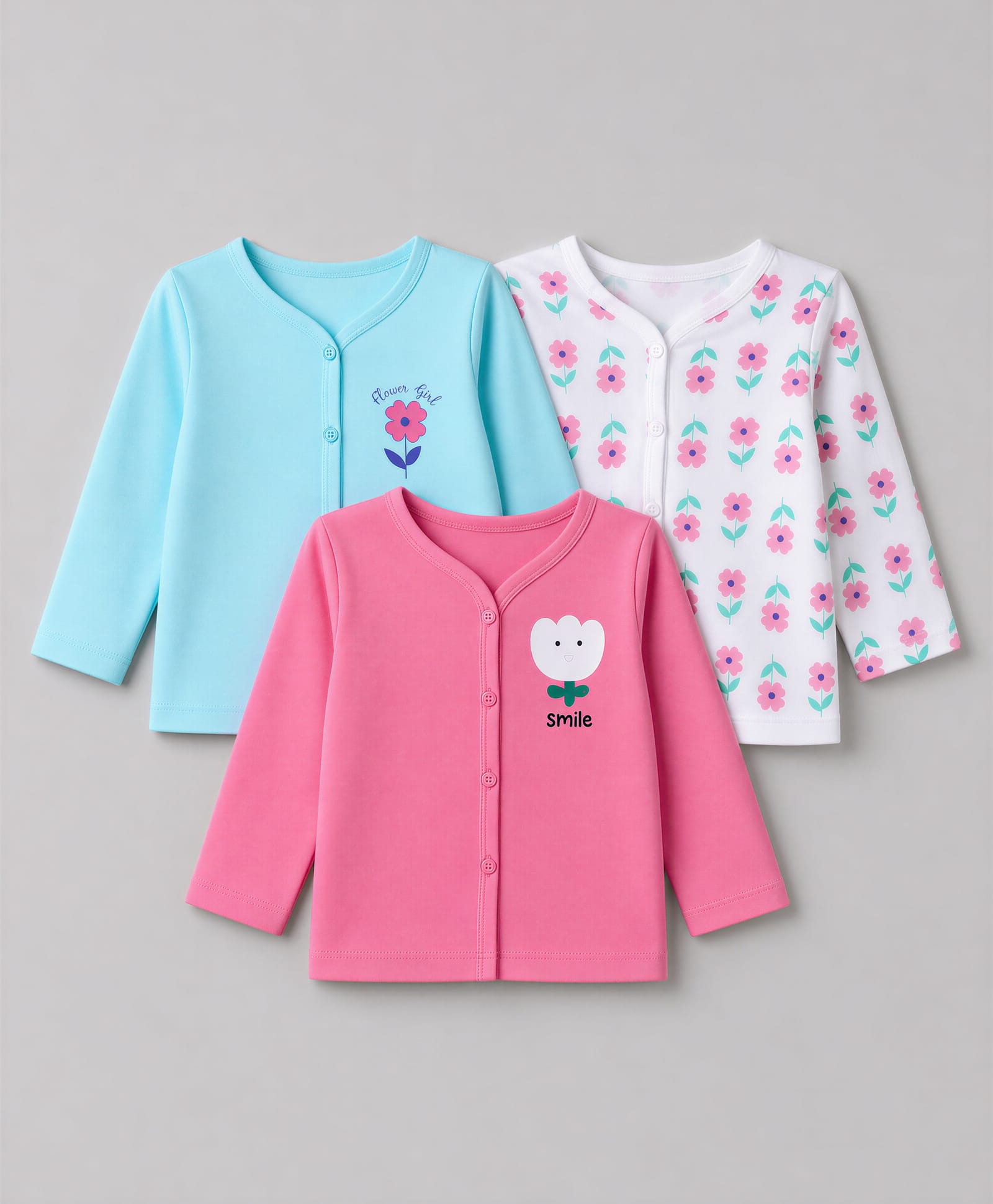 Doodle Poodle 100% Cotton Single Jersey Knit Full Sleeves Jhablas With Floral Print Pack of 3 - White, Pink & Light Blue-picture-15