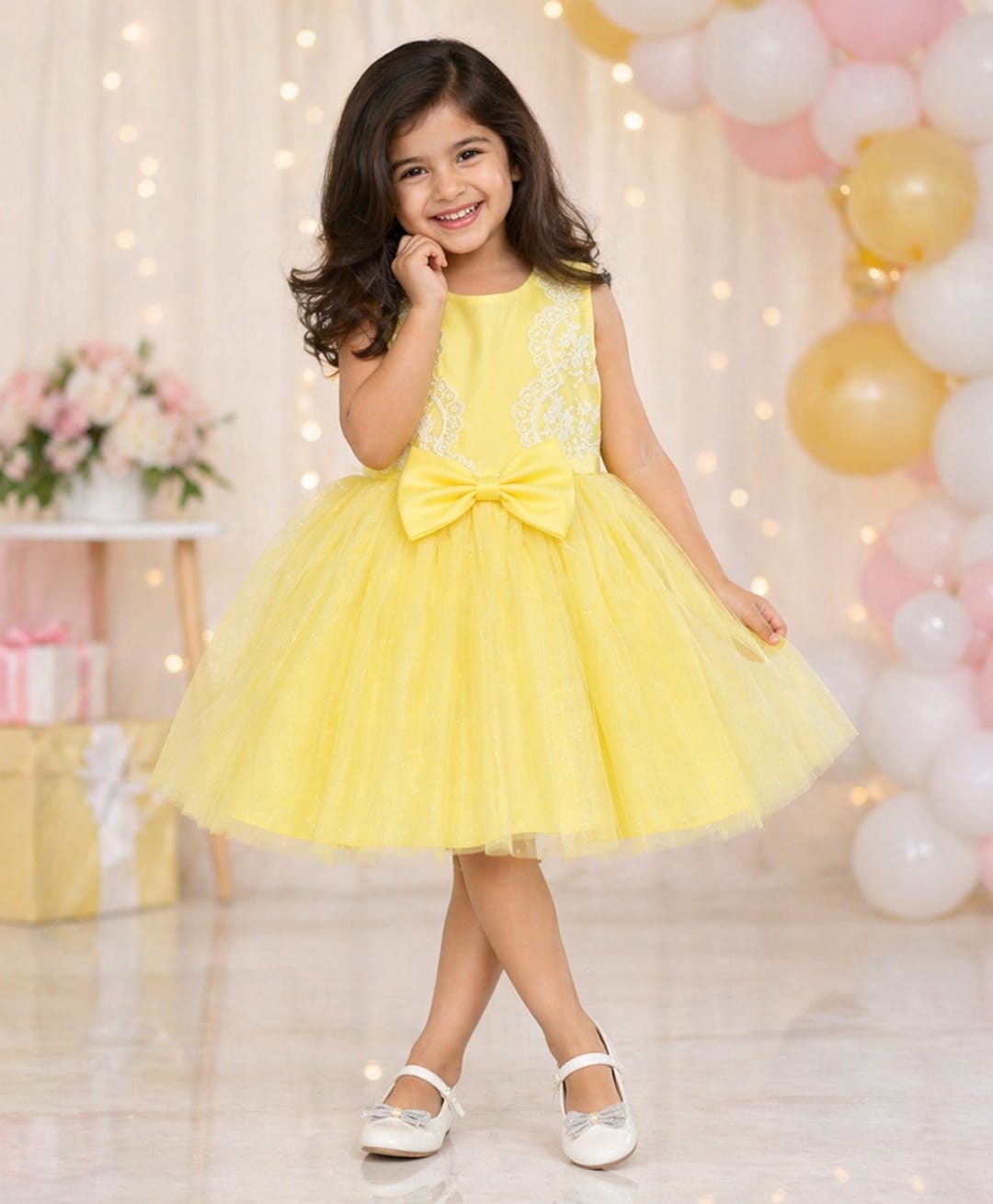 The Magic Wand Woven Sleeveless Embroidered Lace & Bow Applique Party Dress - Yellow-picture-26