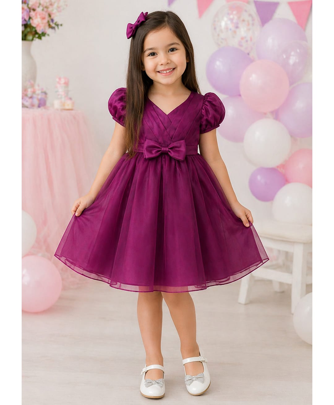 The Magic Wand Woven Puff Sleeves Bodice Pleated Party Dress With Bow Applique - Wine-image-41