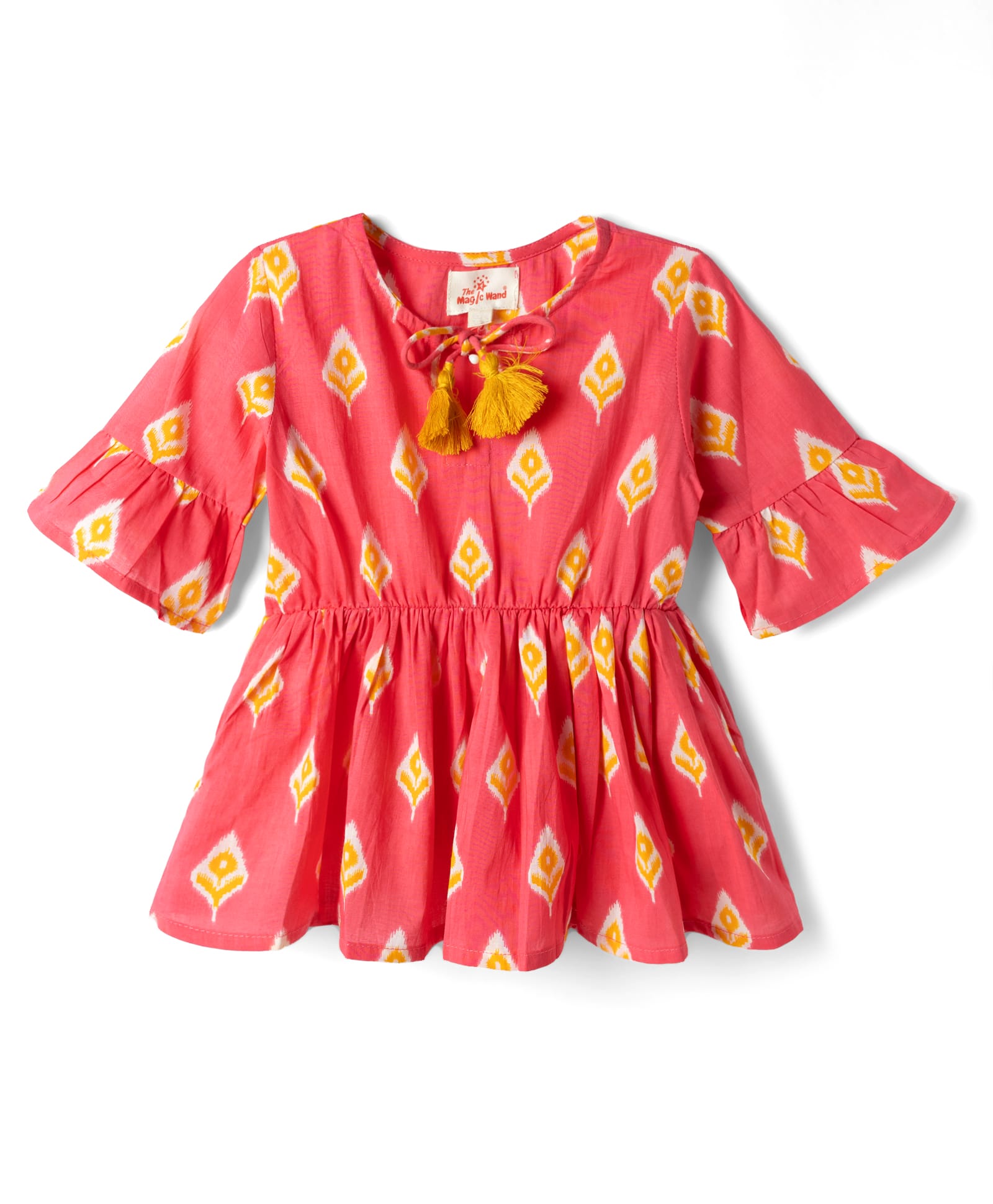 The Magic Wand Cotton Woven Three Fourth Sleeves Ikat Printed Gathered Top With Tassels- Coral-picture-24