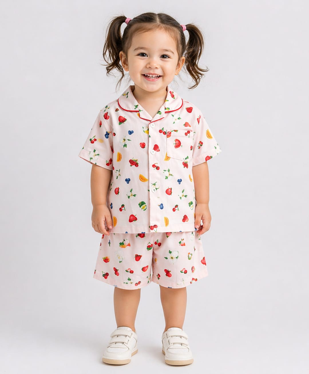 The Magic Wand Cotton Woven Half Sleeves Fruits Printed Co-Ords Shirt & Shorts Night Suit - Pink-picture-31