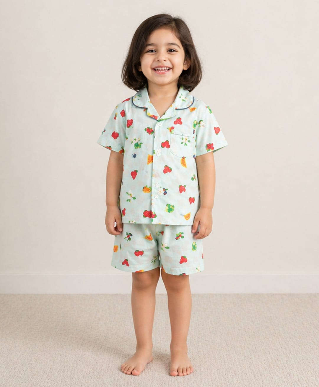 The Magic Wand Cotton Woven Half Sleeves Fruits Printed Co-Ords Shirt & Shorts Night Suit - Sea Green-picture-21