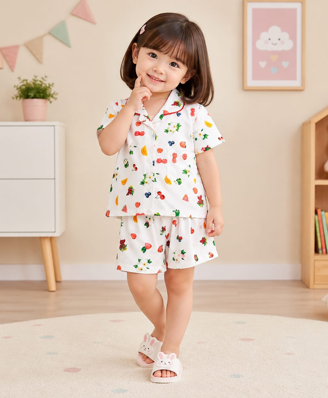 The Magic Wand Cotton Woven Half Sleeves Fruits Printed Co-Ords Shirt & Shorts Night Suit - White-picture-36
