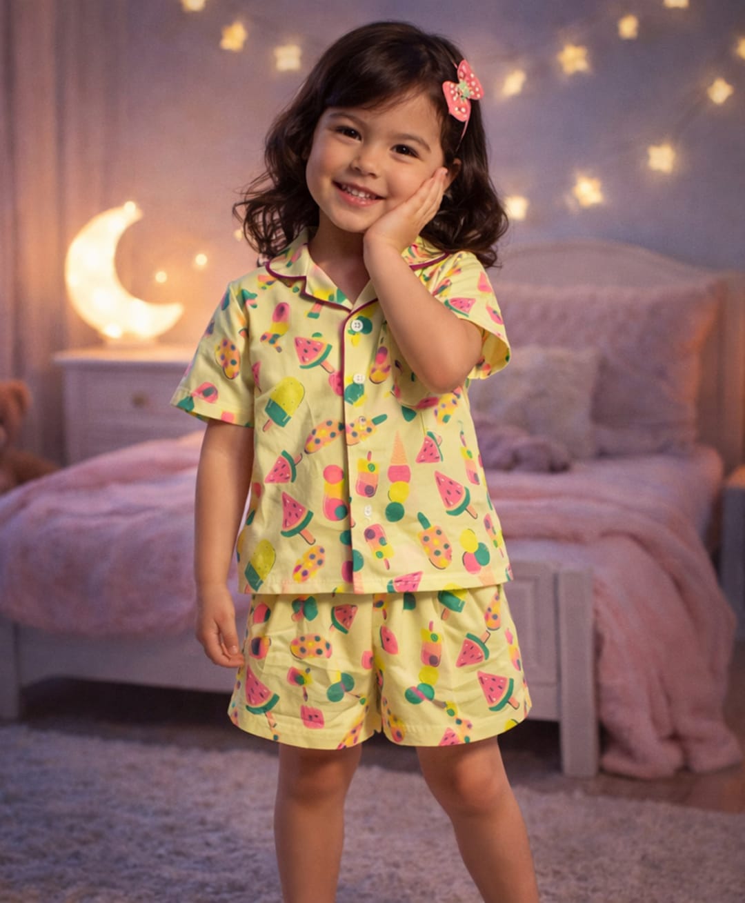 The Magic Wand Cotton Woven Half Sleeves Fruits Printed Co-Ords Shirt & Shorts Night Suit - Yellow-image-31