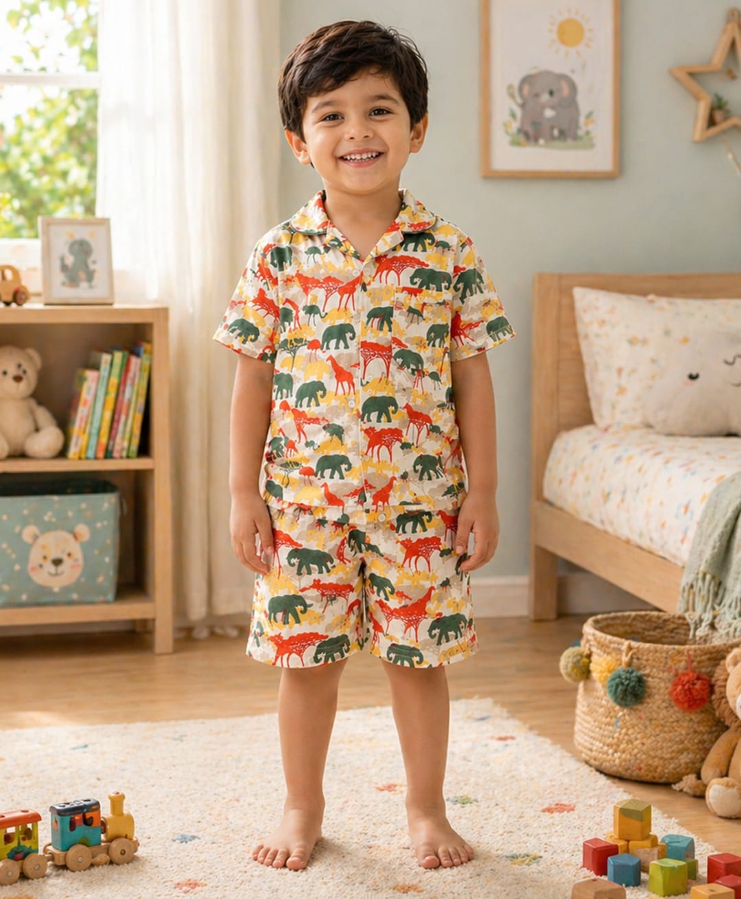 The Magic Wand Cotton Woven Half Sleeves Animals Printed Co-Ords Shirt & Shorts Night Suit - White-picture-34