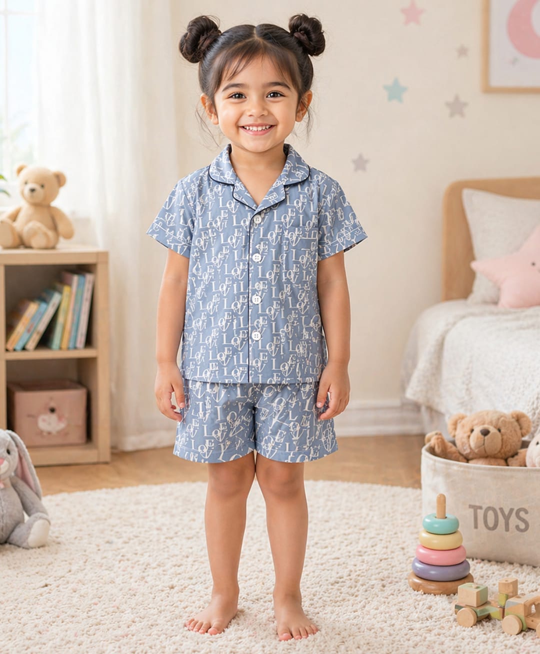 The Magic Wand Cotton Woven Half Sleeves Text Printed Co-Ords Shirt & Shorts Night Suit - Light Grey-picture-13