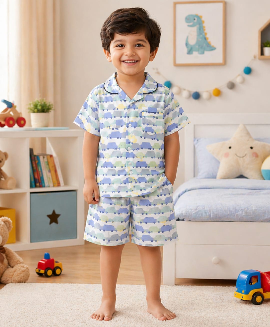 The Magic Wand Cotton Woven Half Sleeves Car Printed Co-Ords Shirt & Shorts Night Suit - Light Blue-picture-2