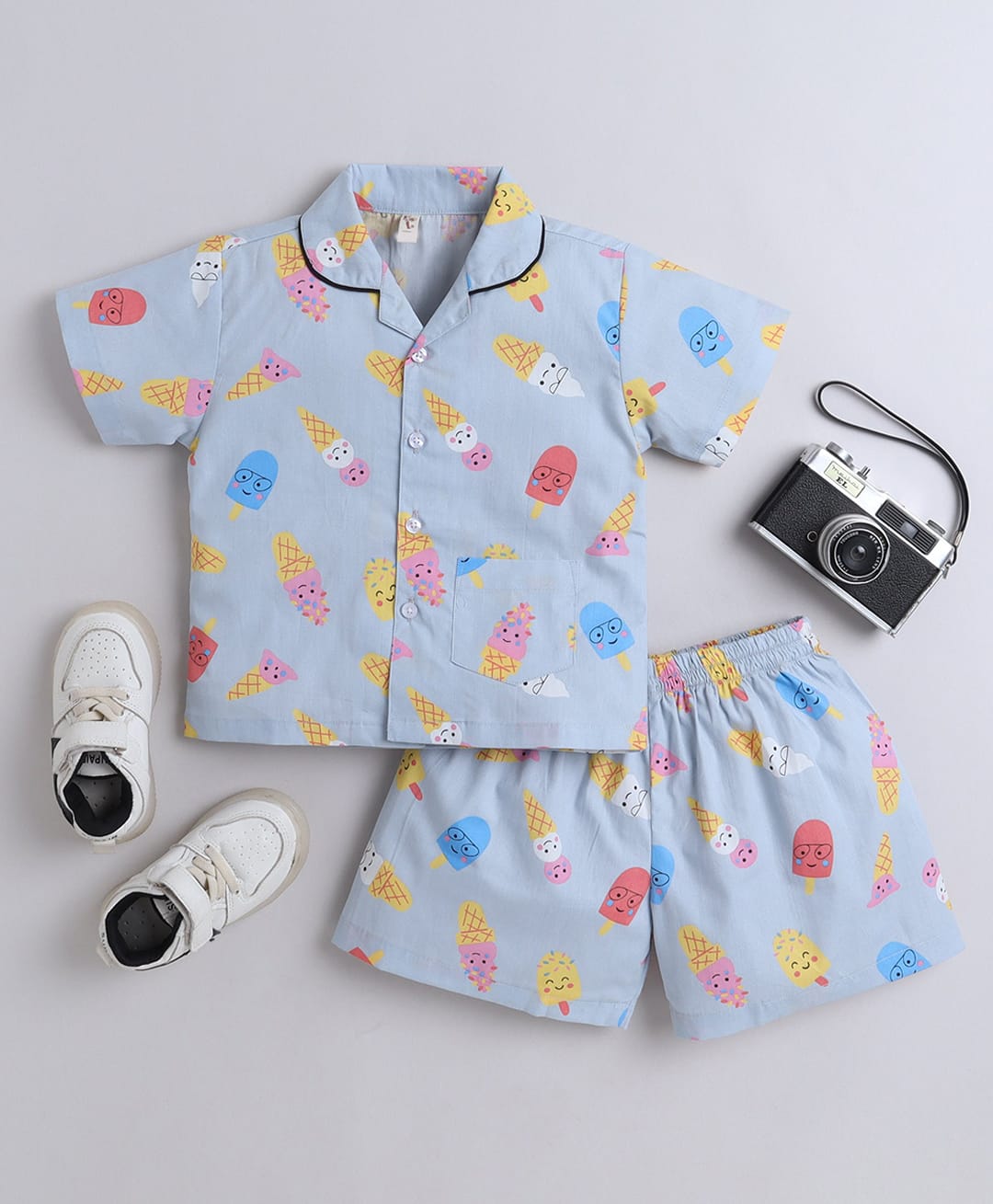 The Magic Wand Cotton Woven Half Sleeve Co-Ords Candy Printed Shirt & Shorts Night Suit Set -Light Grey-image-49