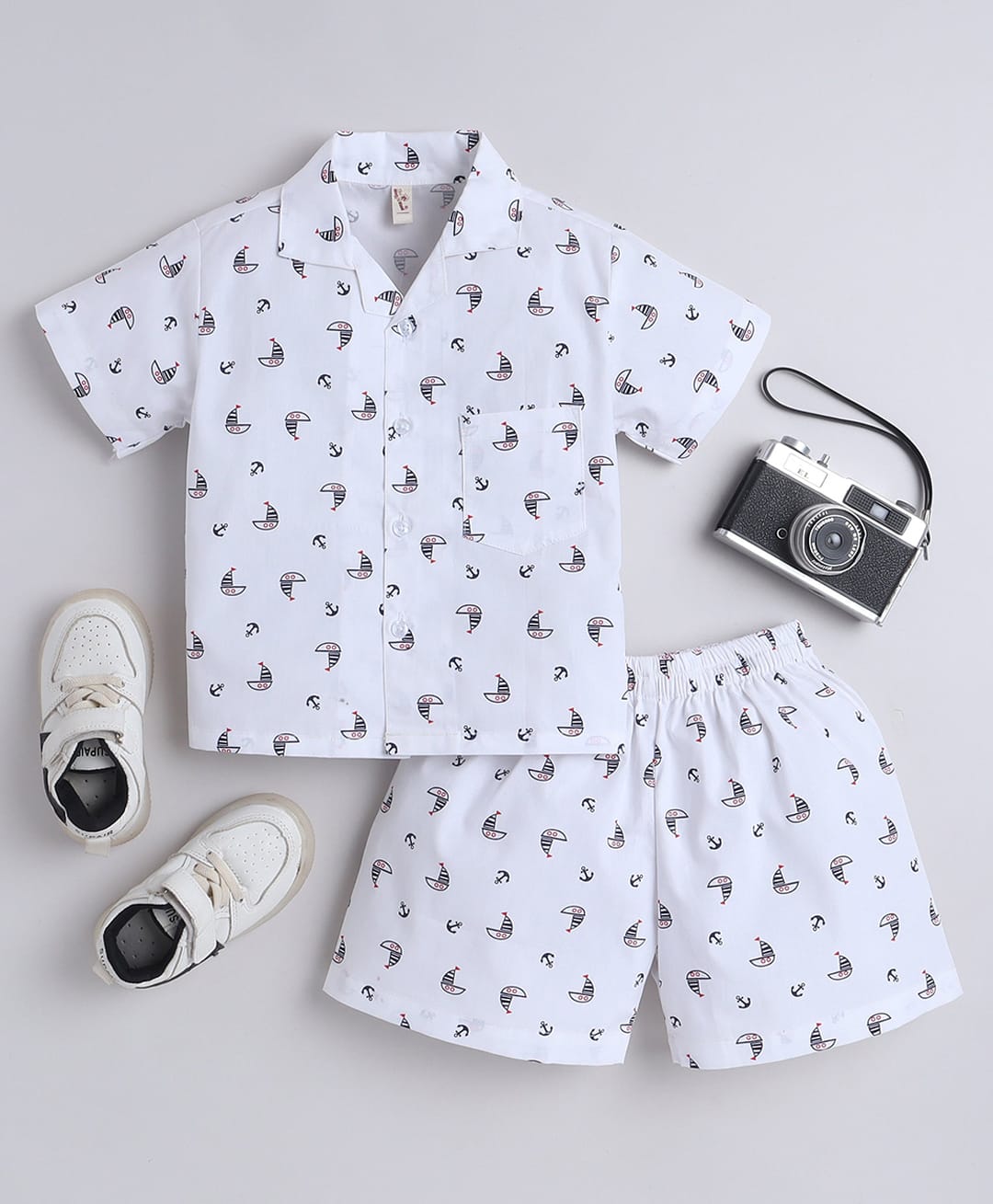 The Magic Wand Cotton Woven Half Sleeves Boat Printed Co-Ords Shirt & Shorts Night Suit - White-image-28