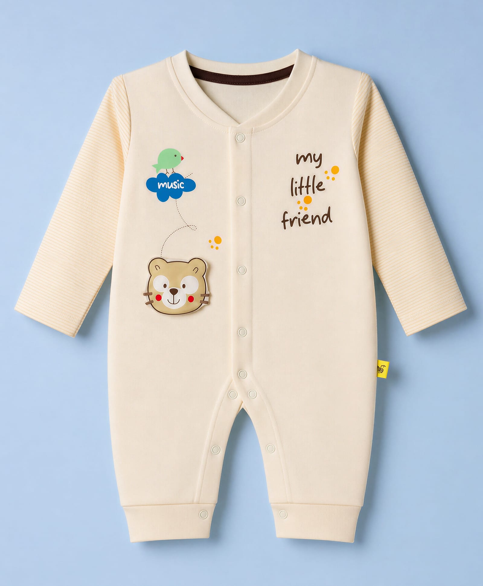 Mini Taurus Interlock Knit Full Sleeves Romper With Animals Face Applique - Cream-picture-11