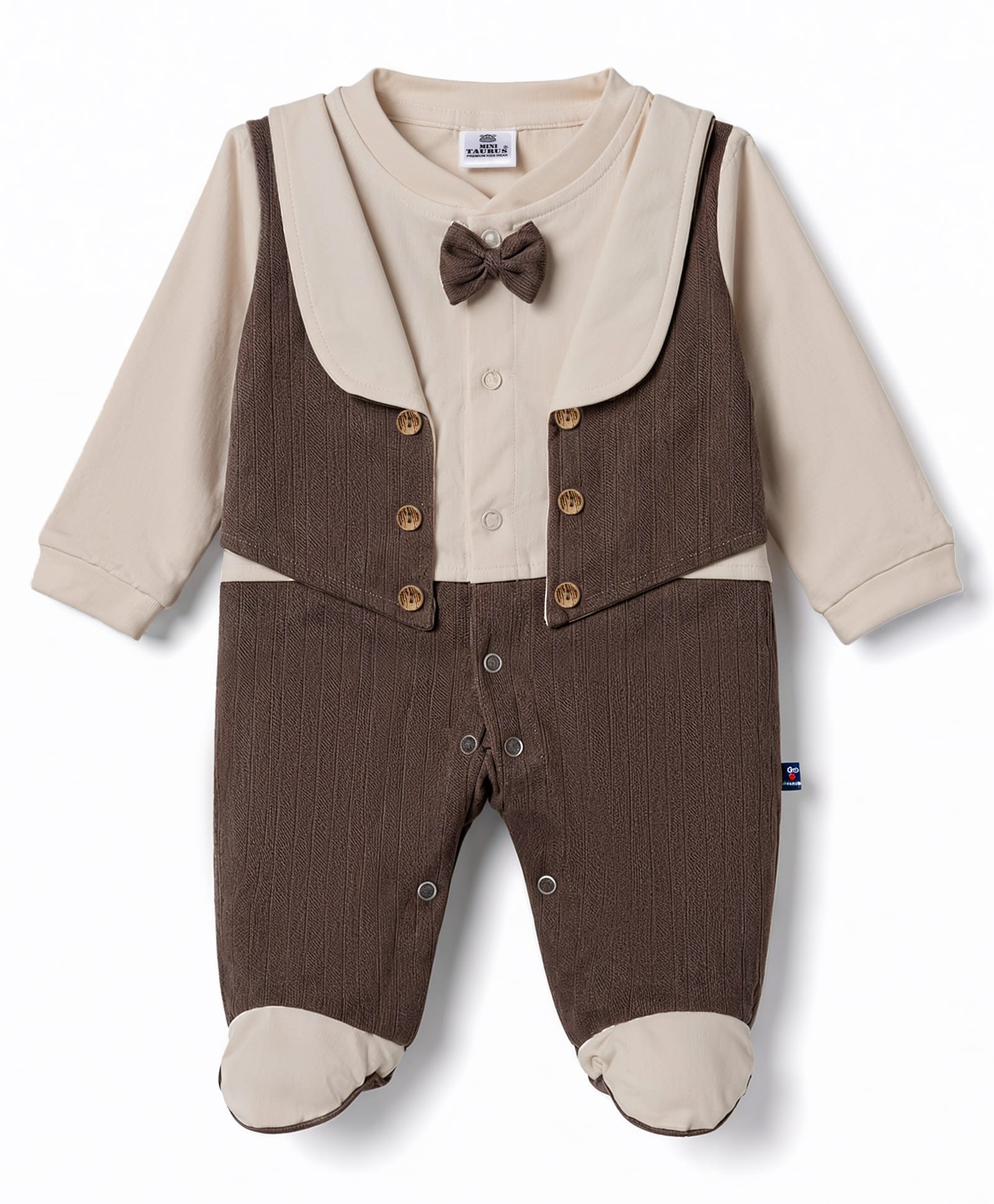Mini Taurus Knit Full Sleeves Self Striped Footed Party Romper with Attached Bow - Light Brown-picture-13