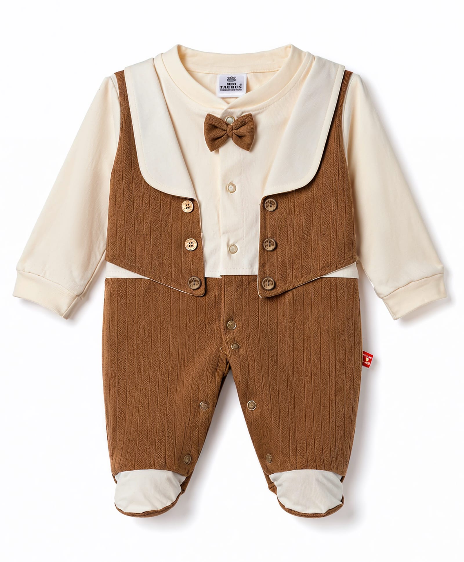 Mini Taurus Knit Full Sleeves Self Striped Footed Party Romper with Attached Bow - Bronze-picture-16