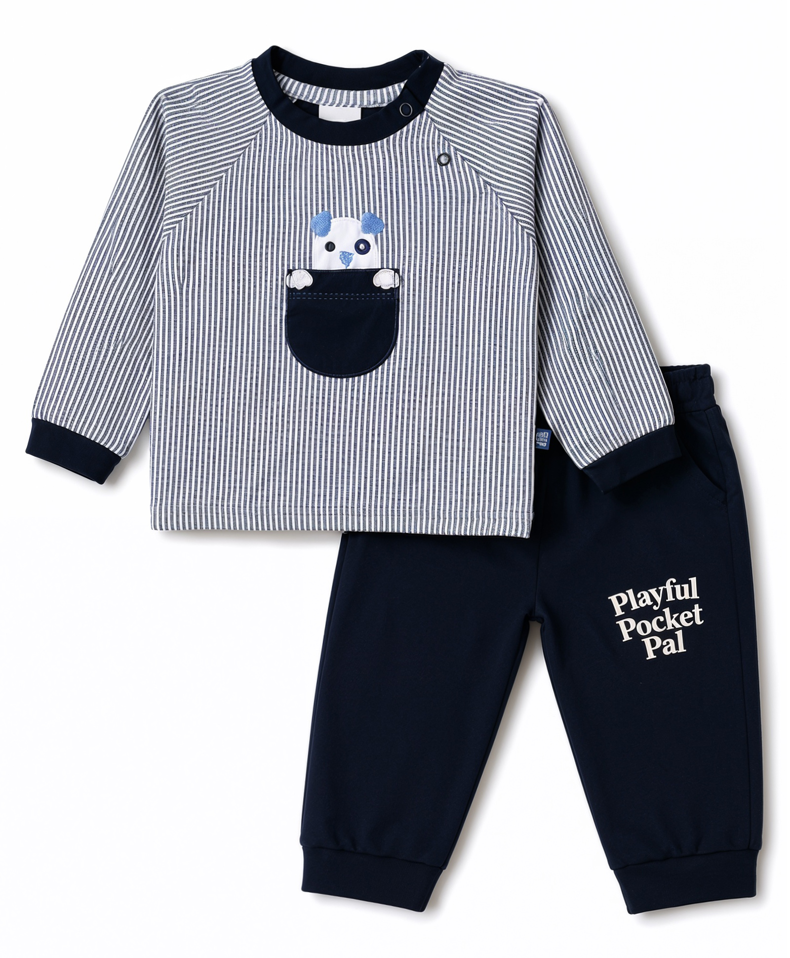 Mini Taurus Looper Knit Full Raglan Sleeves Striped & Puppy Embroidered T-Shirt & Pant Set - Navy Blue-picture-34