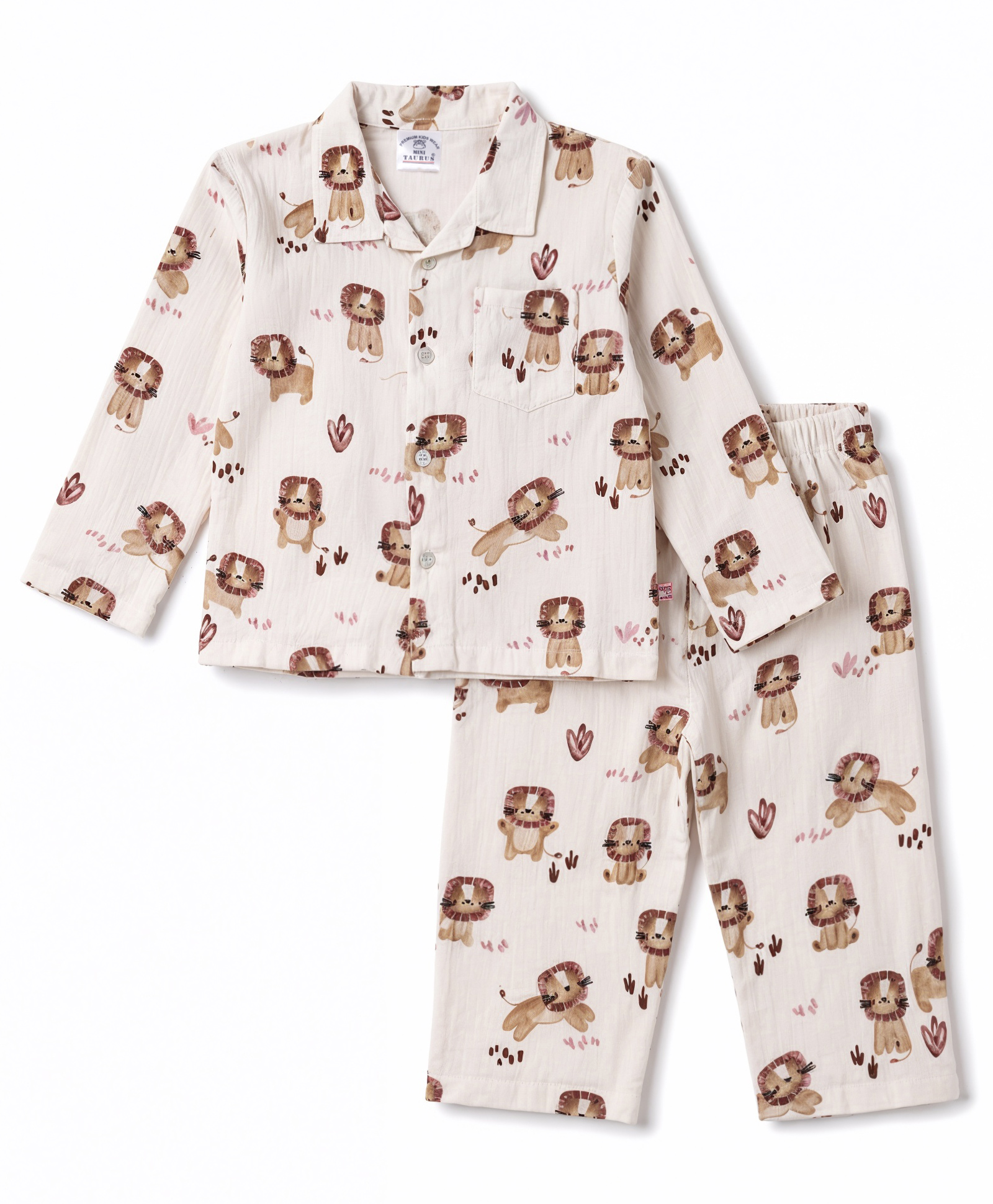 Mini Taurus Knit Full Sleeves Co-Ords Lion Printed Shirt & Pajama Night Suit - Mauve-image-23