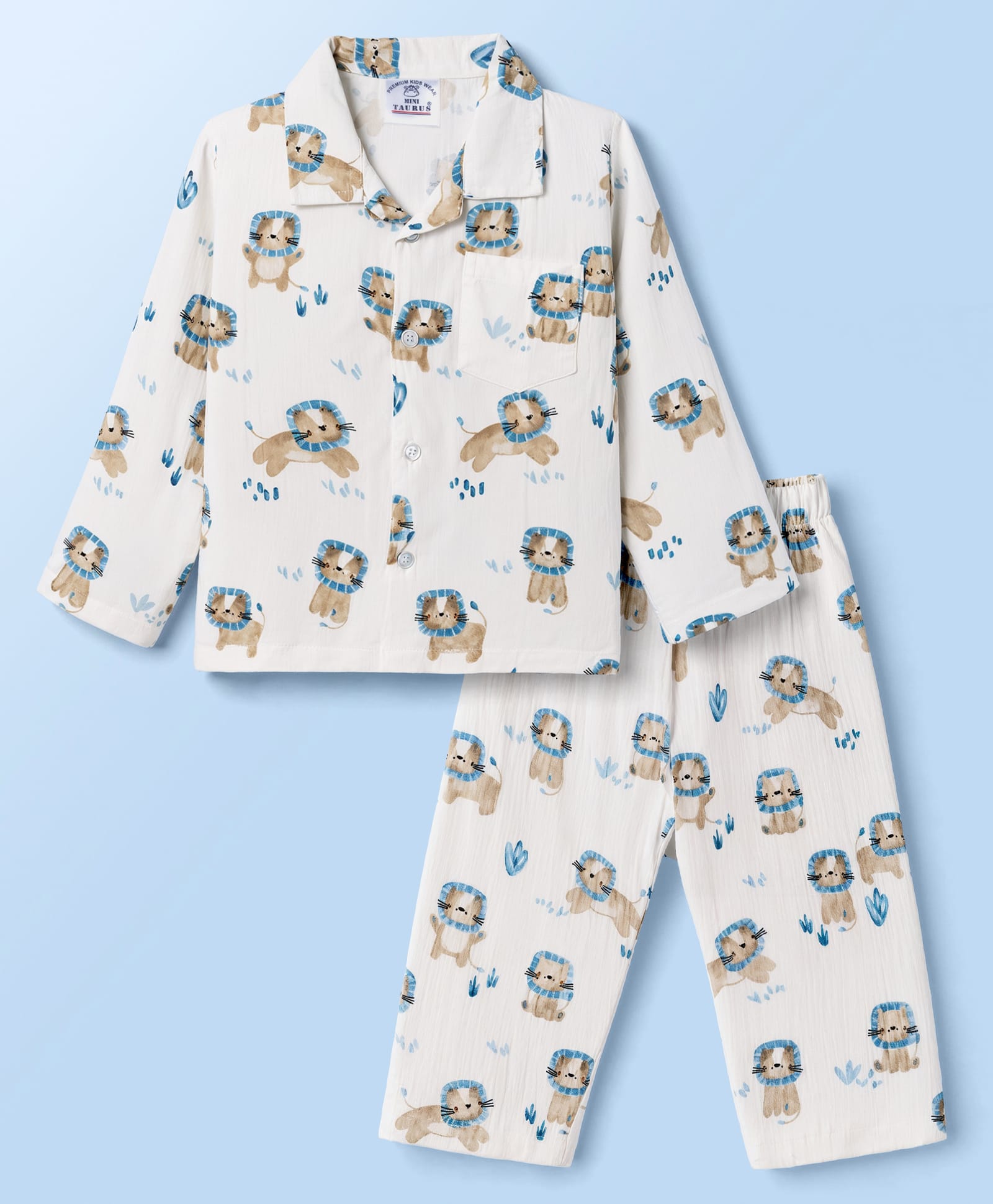 Mini Taurus Cotton Knit Full Sleeves Co-Ords Shirt & Pyjama Night Suit With Lion Print -Aqua-picture-30