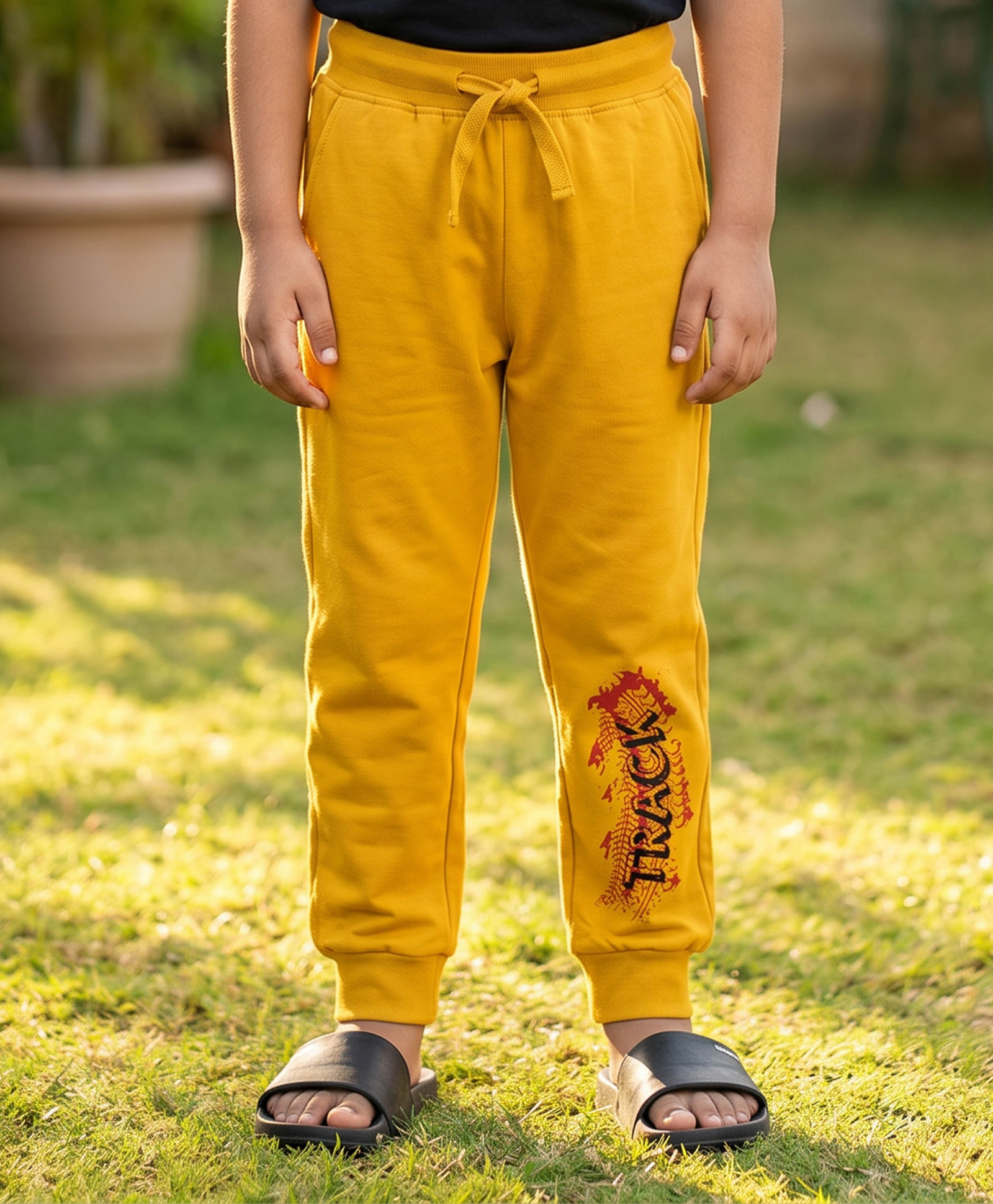 Kiddopanti Cotton Knit Track Text Printed Joggers - Mustard-image-47
