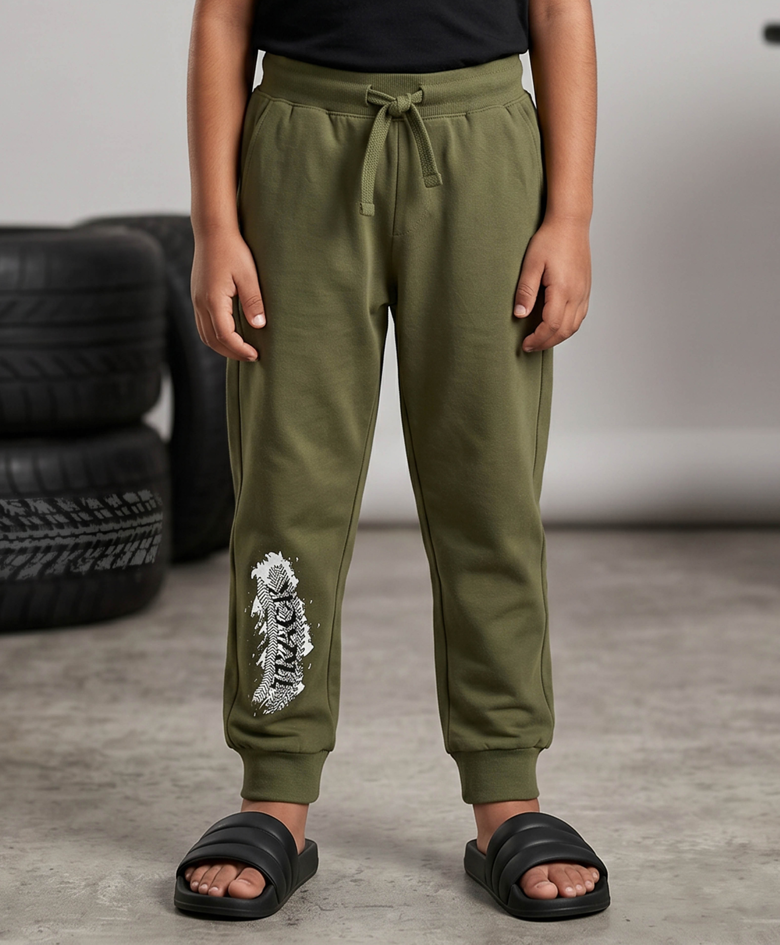 Kiddopanti Cotton Knit Track Text Printed Joggers - Military Green-picture-15