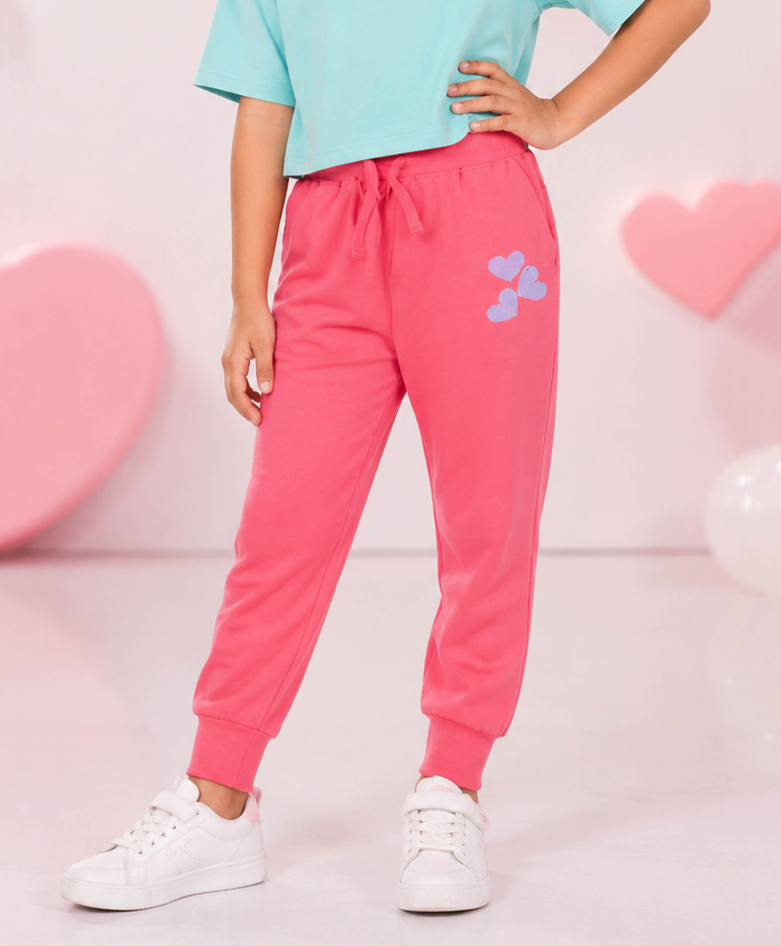 Kiddopanti Cotton Knit Heart Printed Joggers - Coral-picture-17