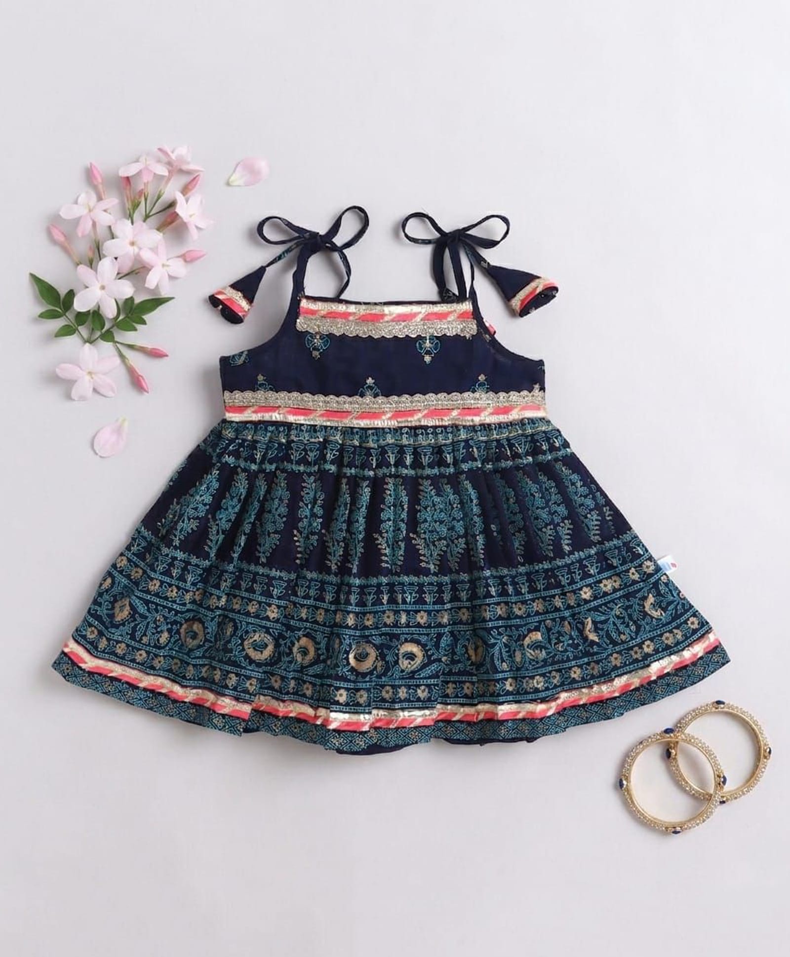 Many frocks & Chanderi Woven Sleeveless Leaves Printed & Lace Embellished Dress - Navy Blue-image-30