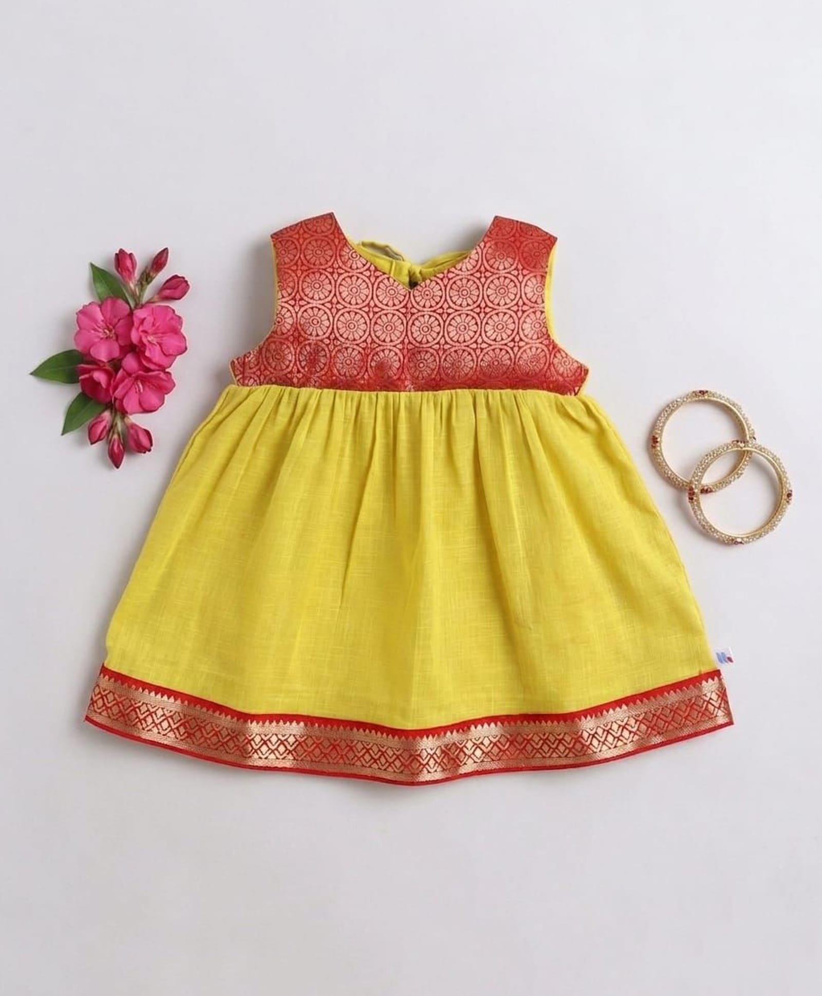 Many frocks & Cotton Woven Sleeveless Floral Printed Dress - Yellow & Red-image-26