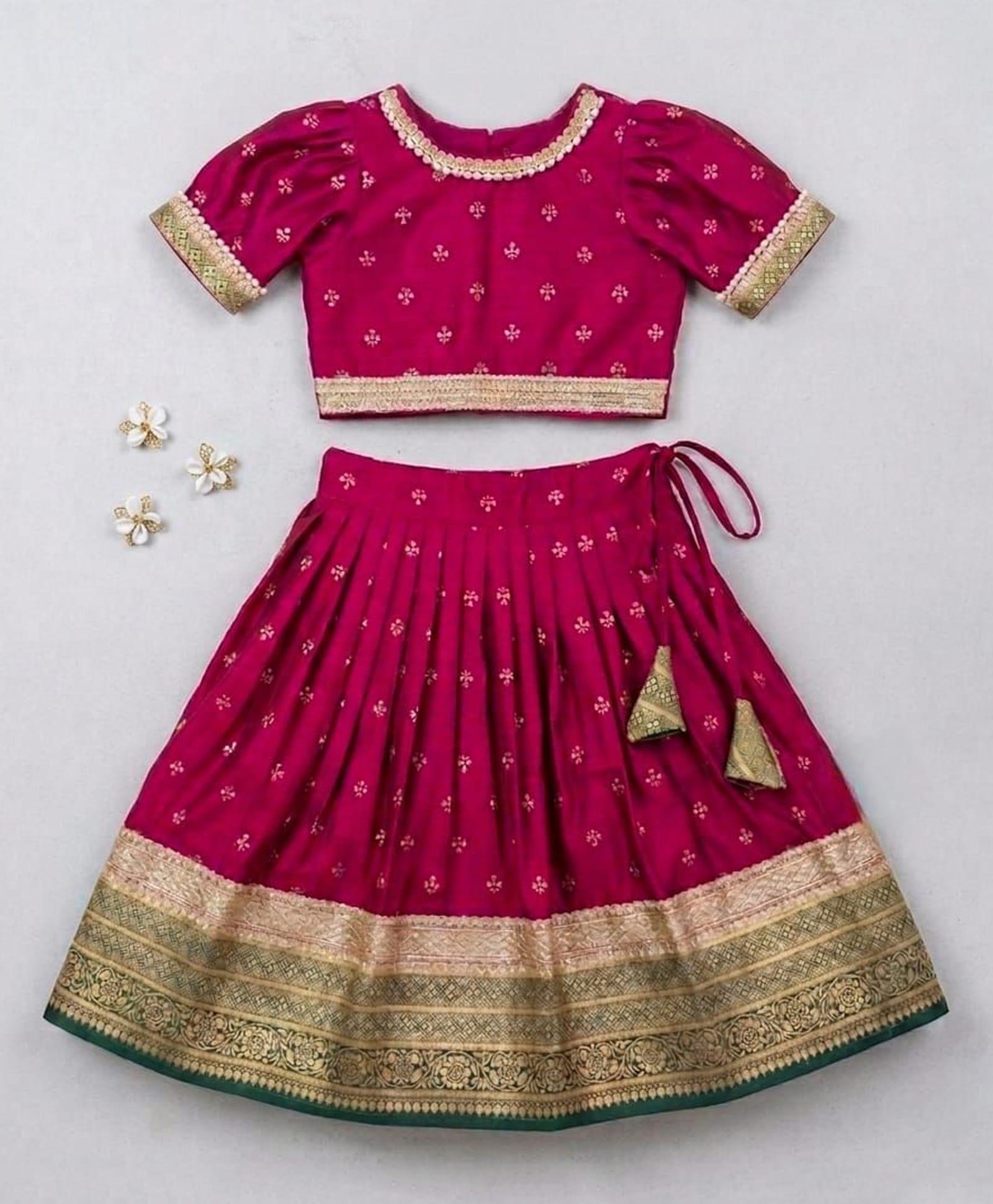 Many frocks & Chanderi Woven Half Puffed Sleeves Lace Embellished Lehenga Choli Set - Maroon & Green-image-38