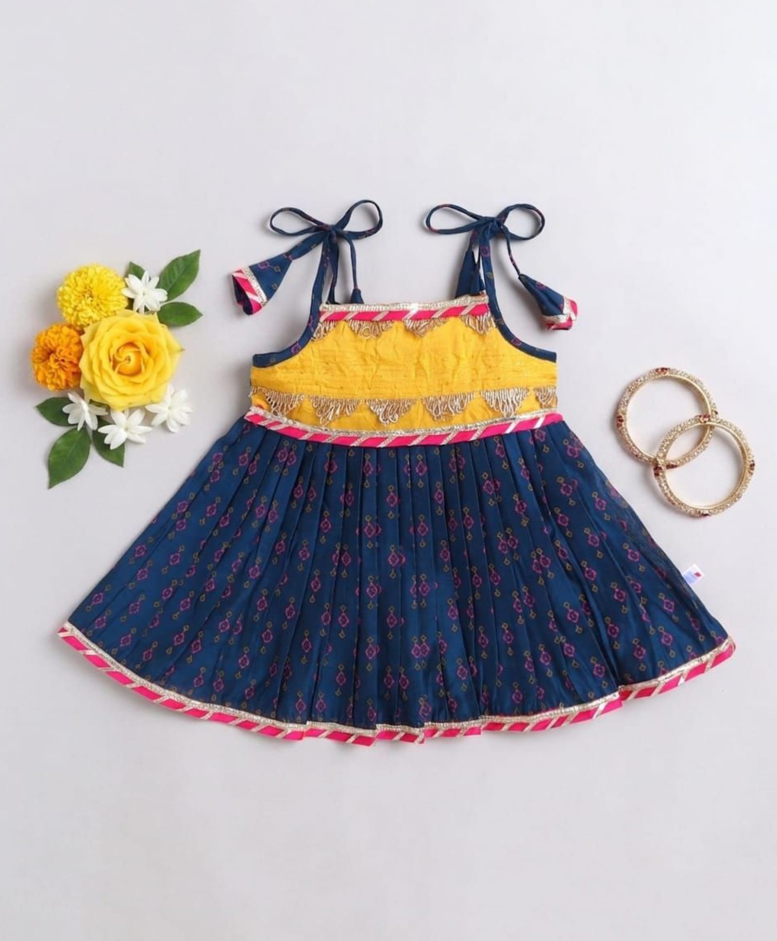 Many frocks & Chanderi Woven Sleeveless Abstract Printed & Lace Embellished Dress - Navy Blue & Yellow-image-29