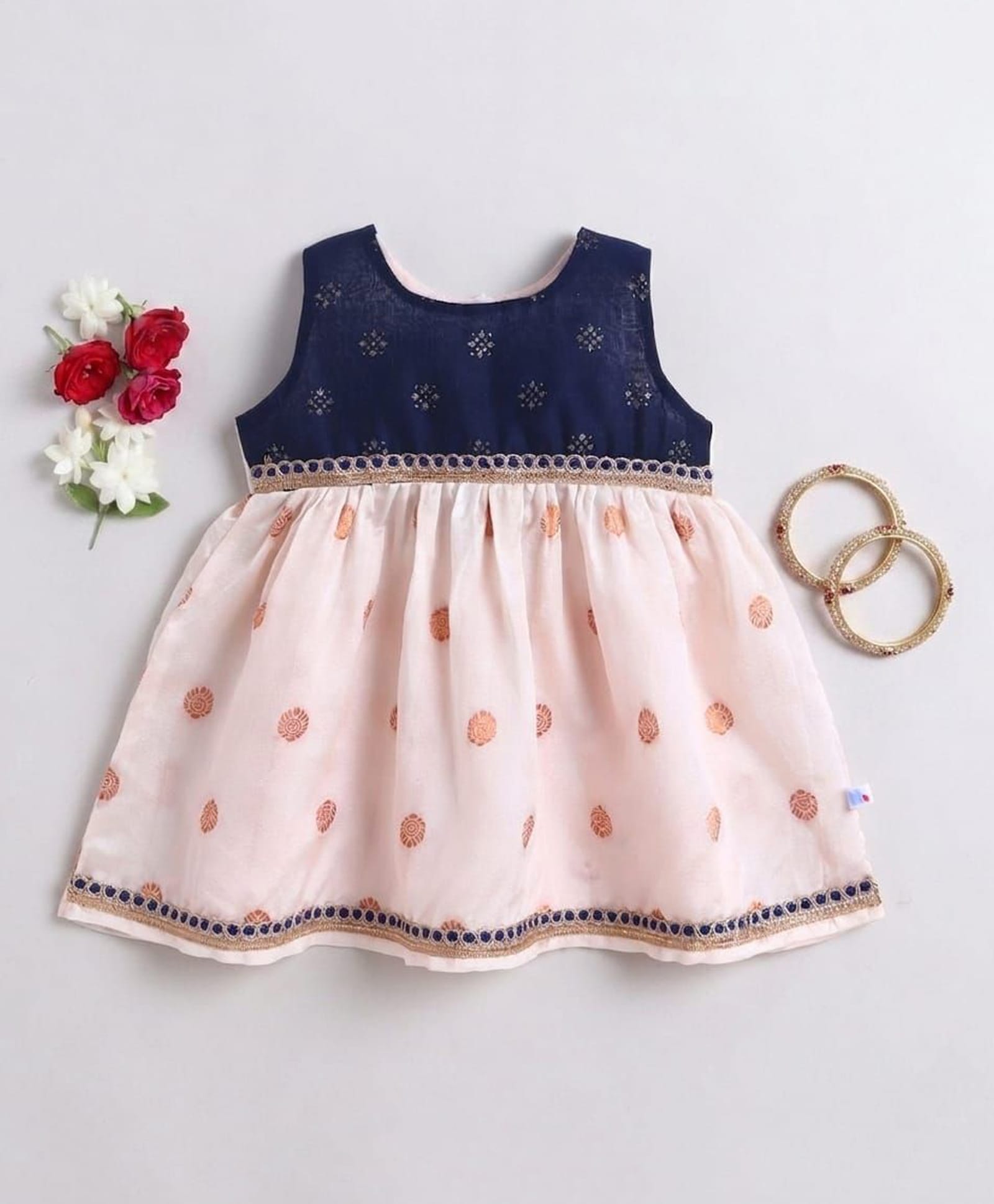 Many frocks & Chanderi Woven Sleeveless Lace Embellished Dress - Off White & Navy Blue-image-21