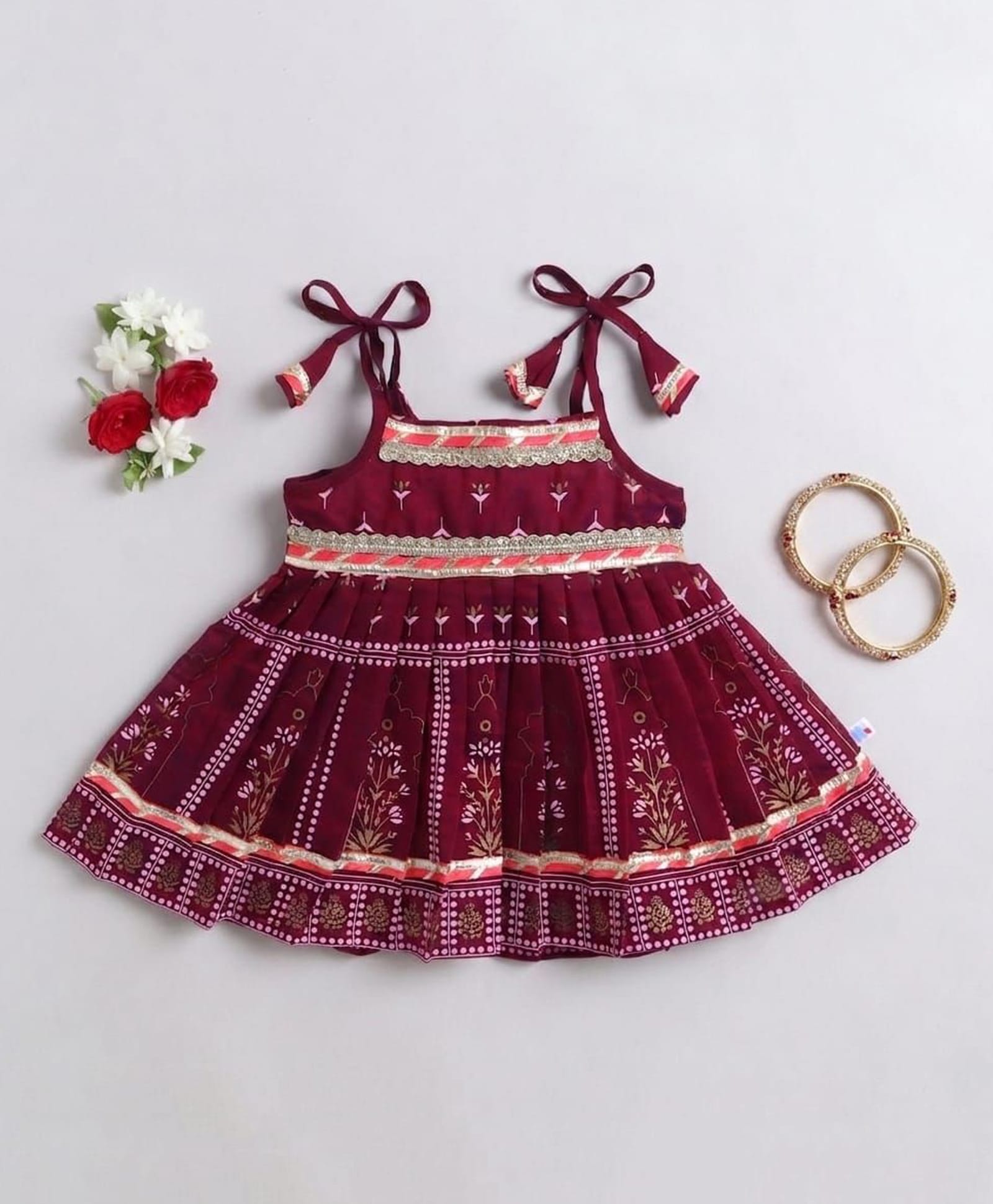 Many frocks & Chanderi Woven Sleeveless Leaves Printed & Lace Embellished Dress - Maroon-image-27