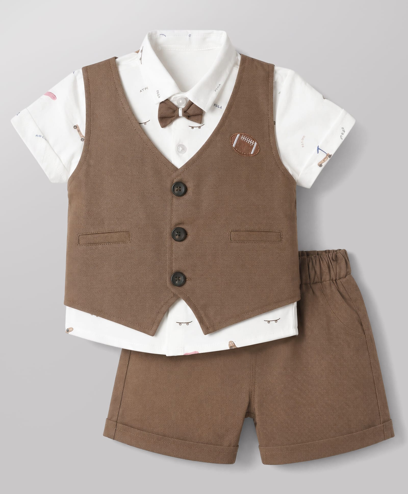 Mini Taurus Sinker Knit Half sleeves Skate Board Printed Party Suit With Waist Coat & Bow Applique - Light Brown-picture-19