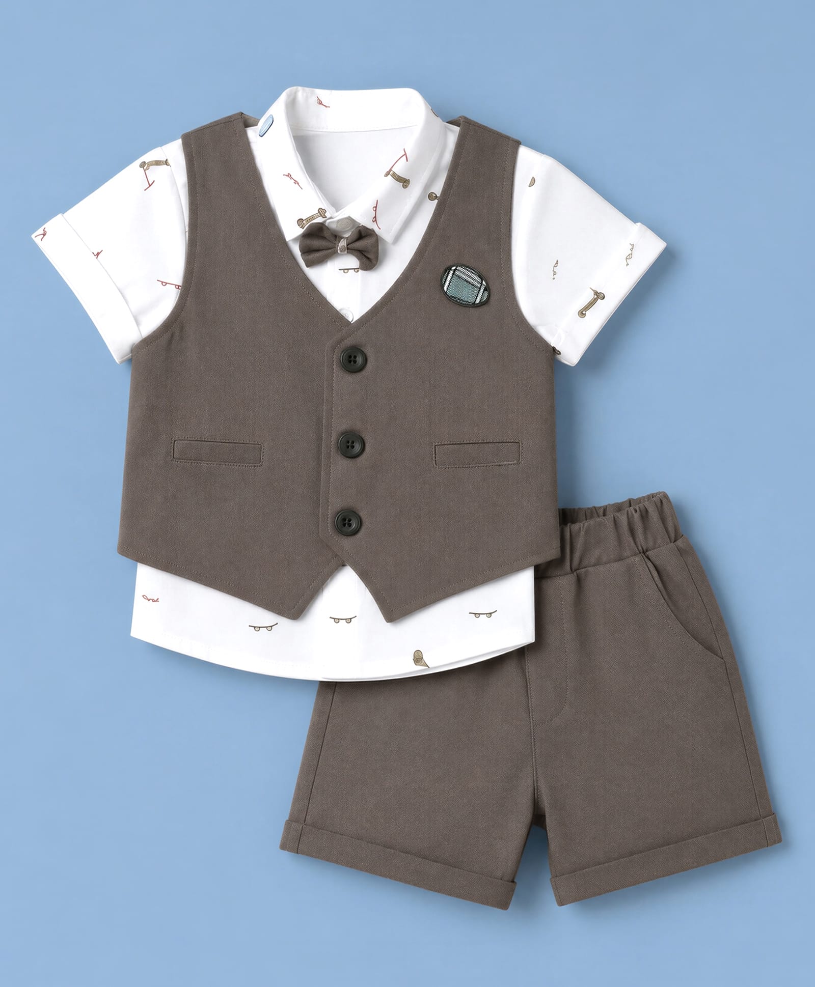 Mini Taurus Sinker Knit Half Sleeves Party Suit With Skates Printed Shirt & Bow - Olive Green-image-47