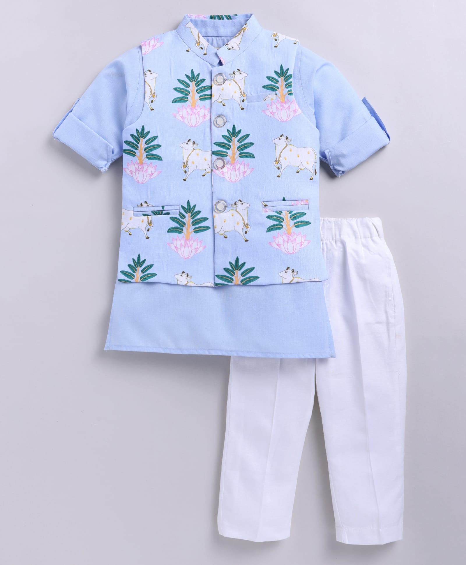 LITTLE COLLARS Jacquard Woven Full Sleeves Solid Kurta & Pyjama Set With Cow Printed Jacket - Sky Blue-picture-5