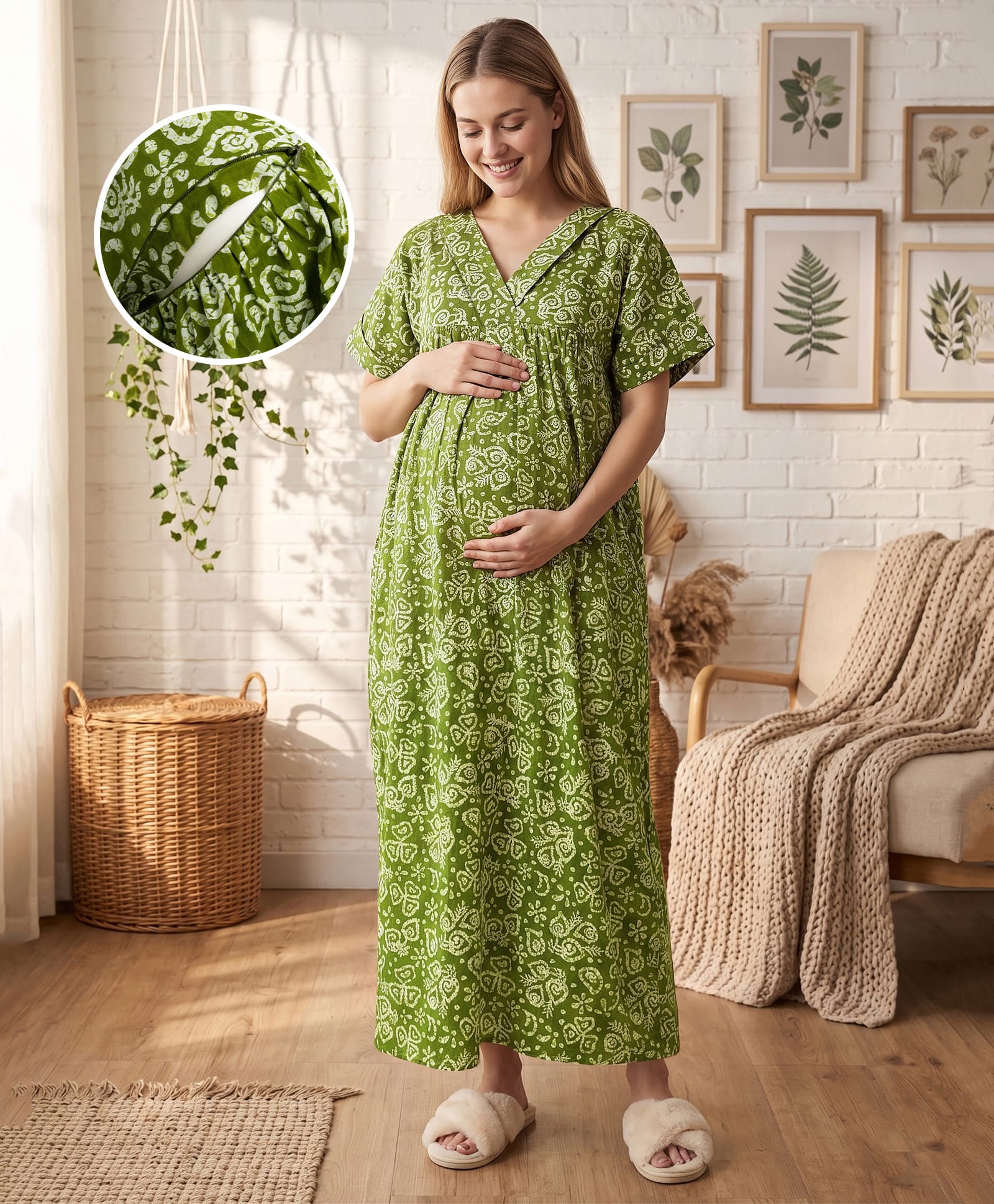 Bella Mama Cotton Woven Half Sleeves Nighty with Floral Print - Green-image-47