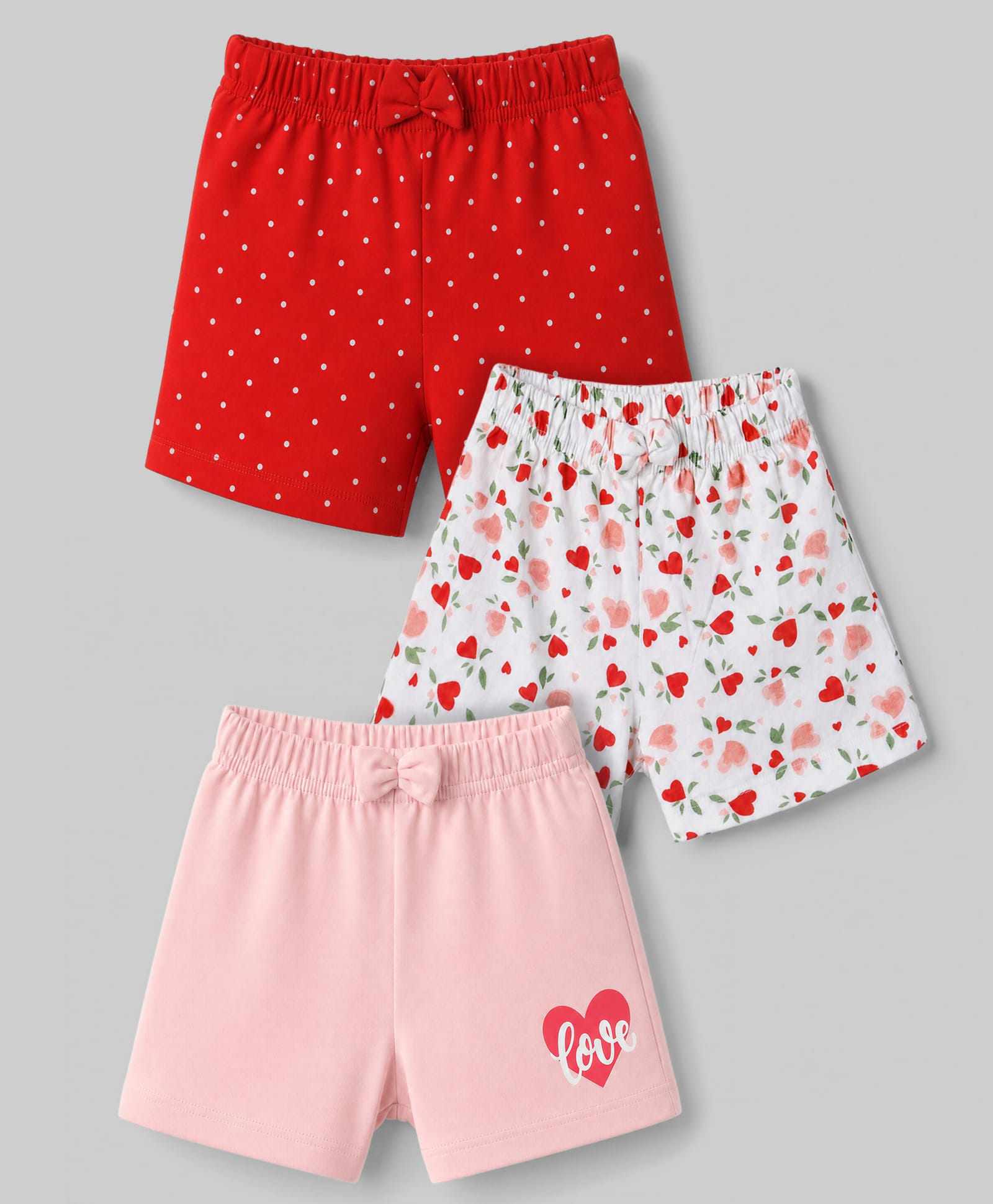 Babyhug Cotton Jersey Knit Shorts With Polka Dot, Heart, Love Print & Bow Applique Pack of 3 - Red, Pink & White-picture-17