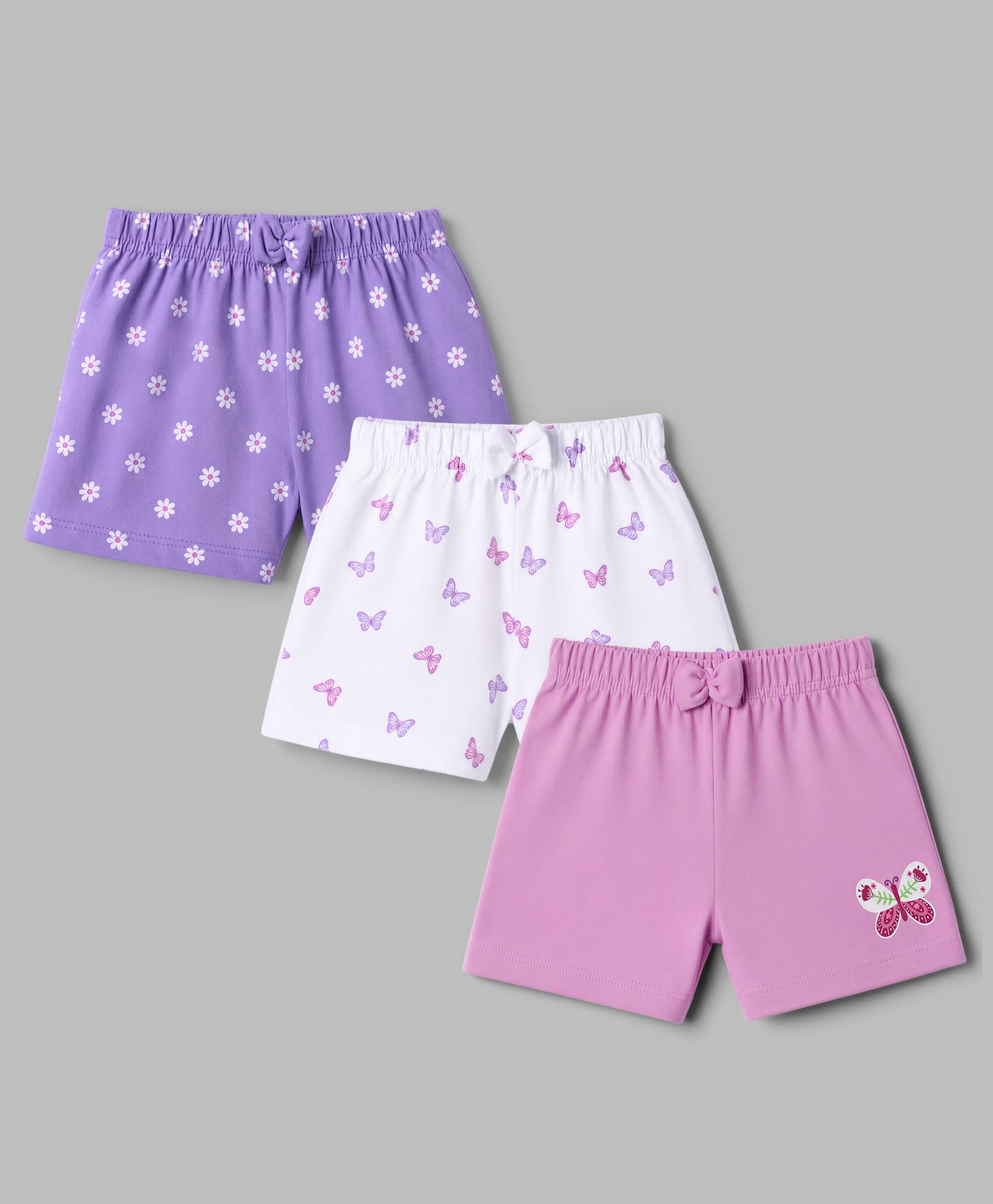 Babyhug Cotton Jersey Knit Mid Thigh Floral & Butterfly Printed Shorts Pack of 3 - Purple White & Mauve-picture-19