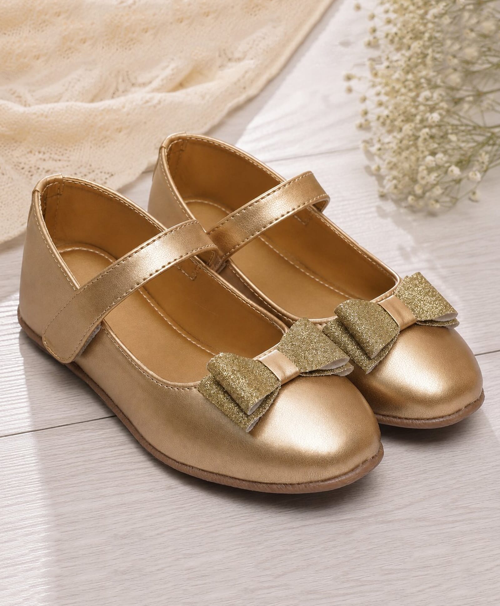 boyz n galz Glittered Bow Applique Detailed Velcro Closure Mary Jane Ballerinas - Gold-picture-28