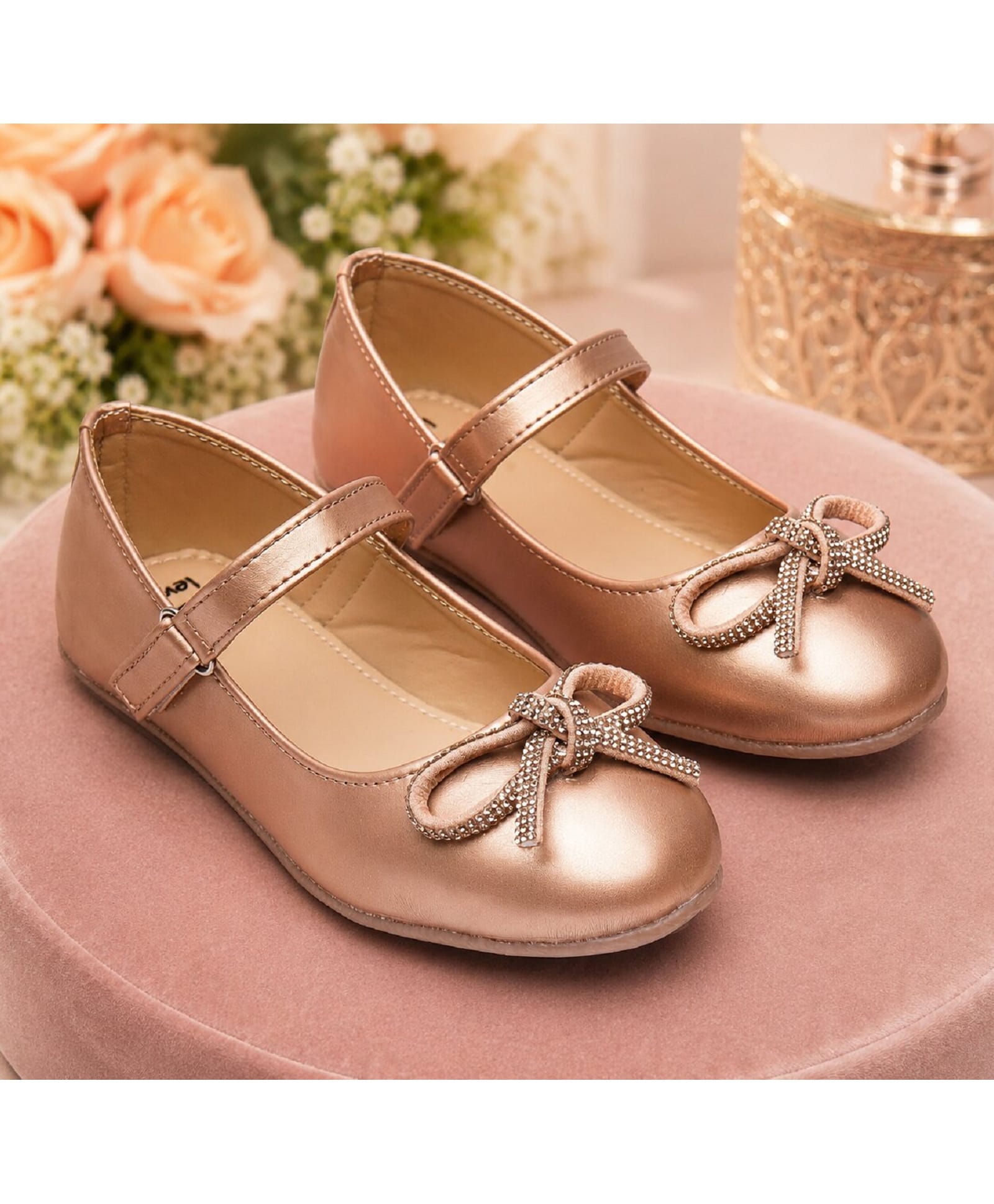 boyz n galz Rhinestones Embellished Bow Applique Detailed Velcro Closure Mary Jane Ballerinas - Rose Gold-image-20