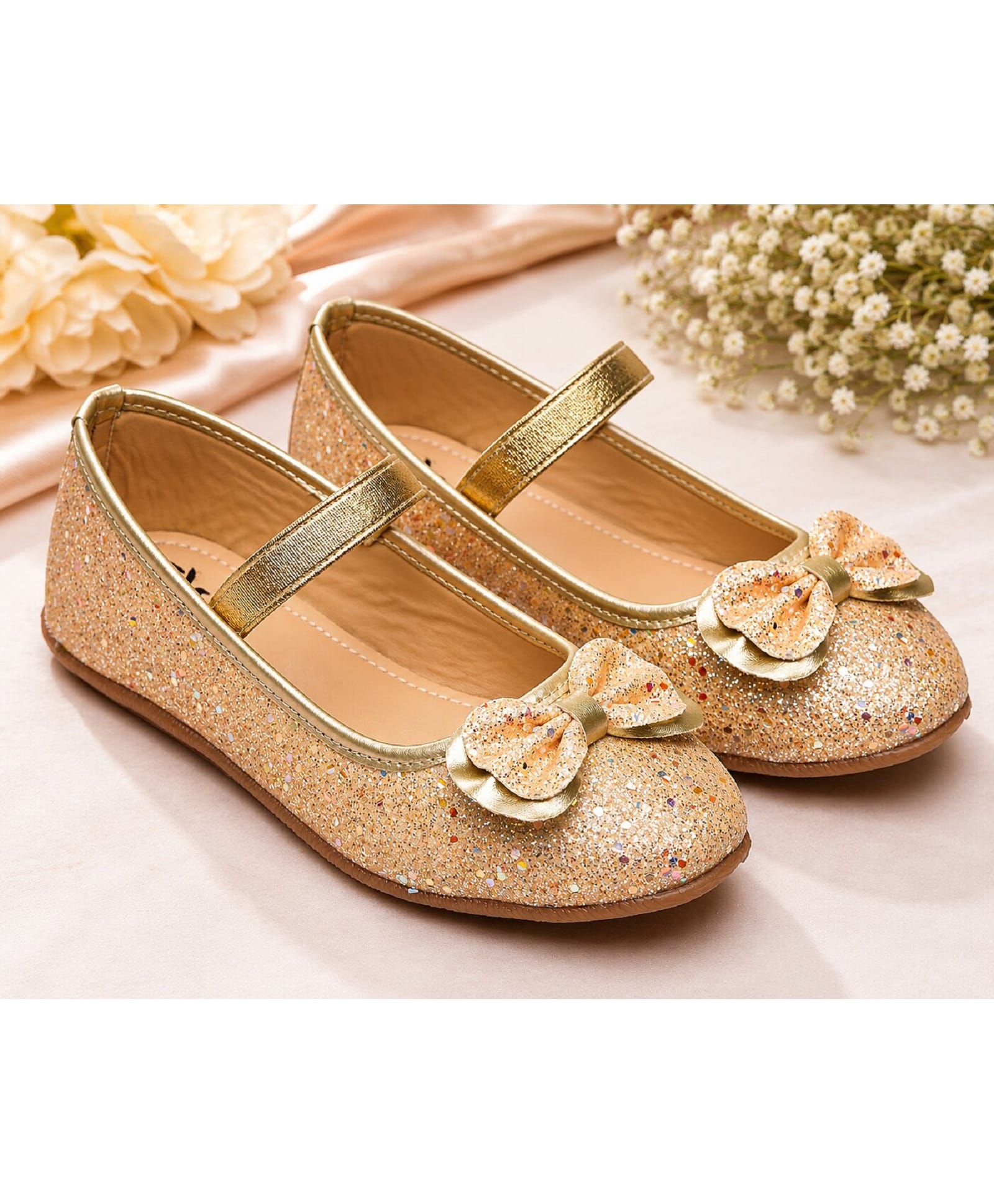 boyz n galz Bow Applique Detailed Glittered Mary Jane Ballerinas - Gold-image-49