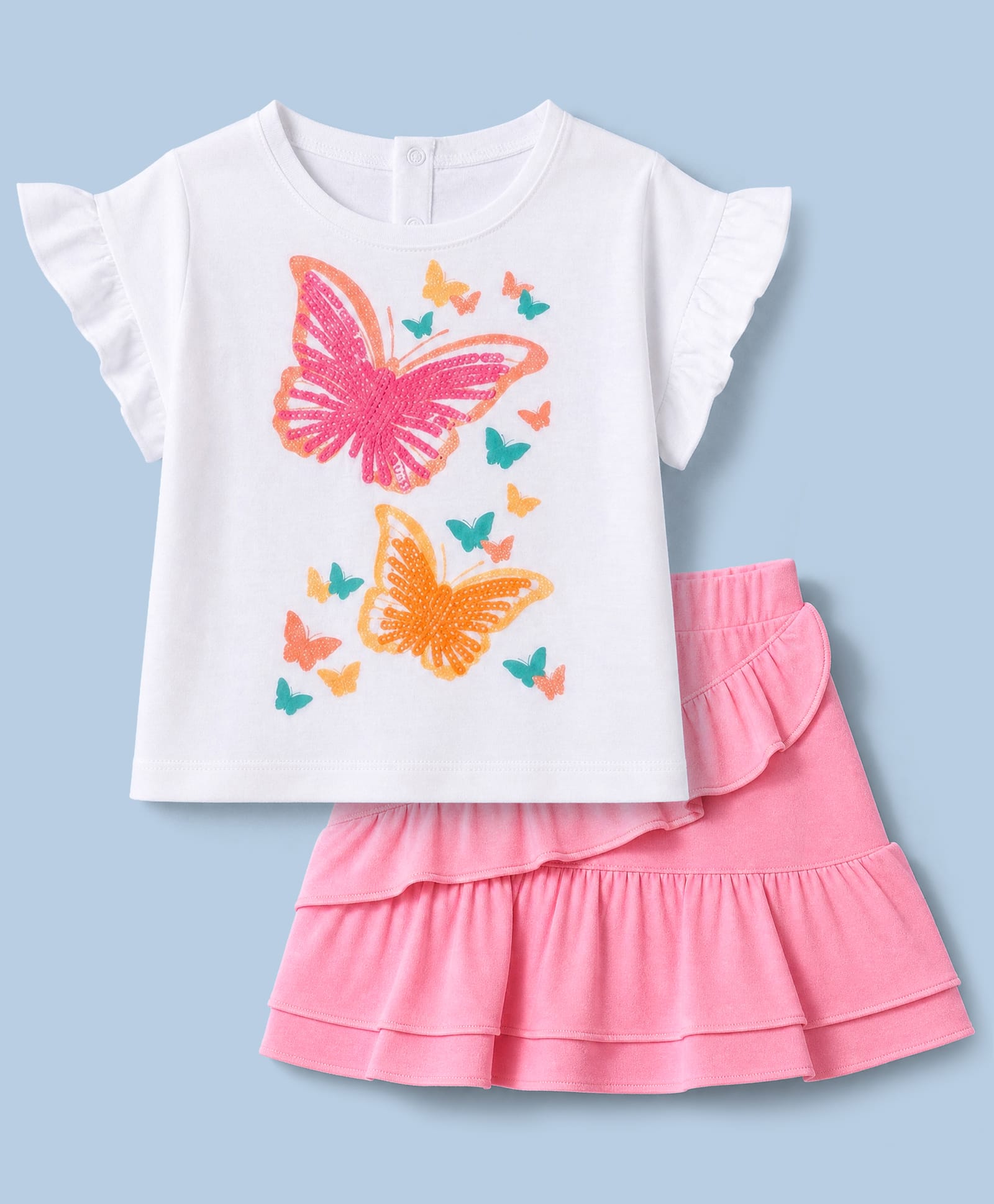 Babyhug Single Jersey Knit Half Sleeves Top With Butterfly Print & Skirt - White & Pink-image-37