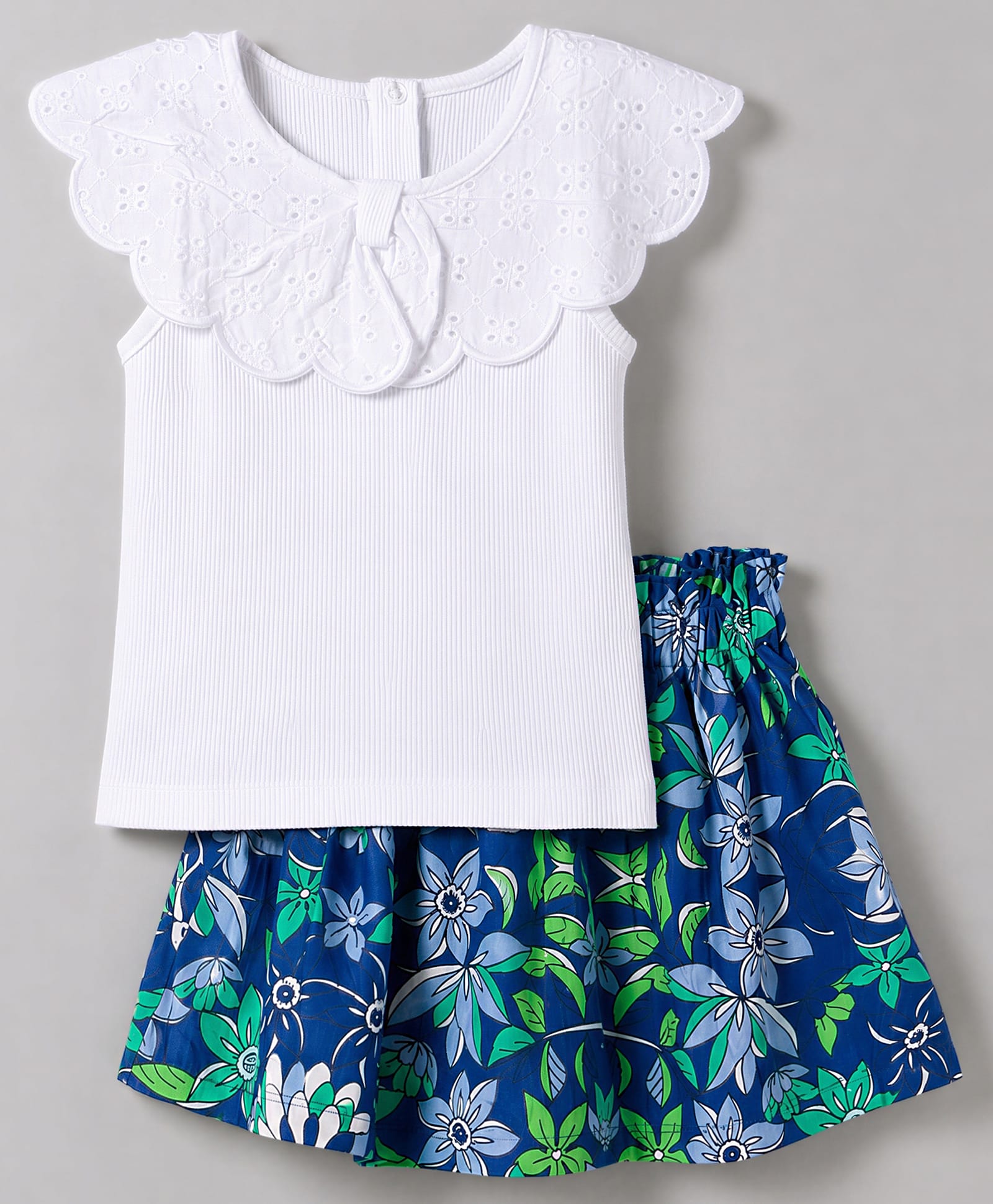 Babyhug Single Jersey Knit Half Sleeves Floral Embroidered Top & Printed Skirt - White & Blue-picture-24