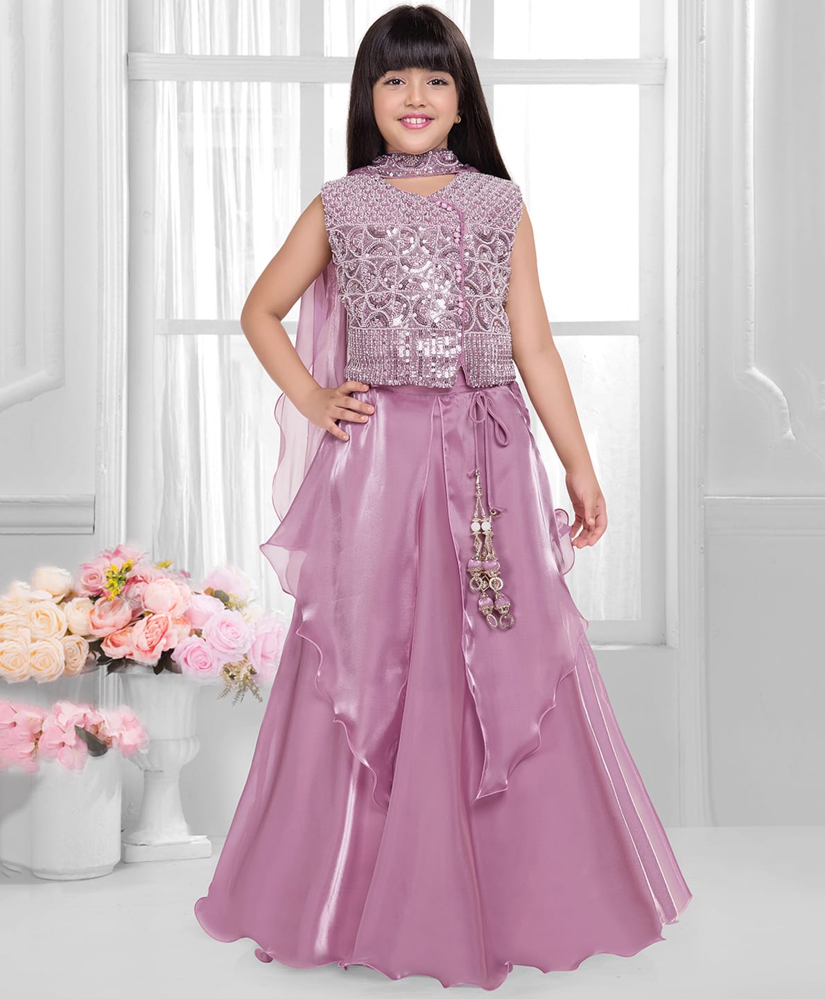Tiny Kingdom Organza Woven Sleeveless Sequins Embellished Lehenga Choli Set With Dupatta - Pink-image-5