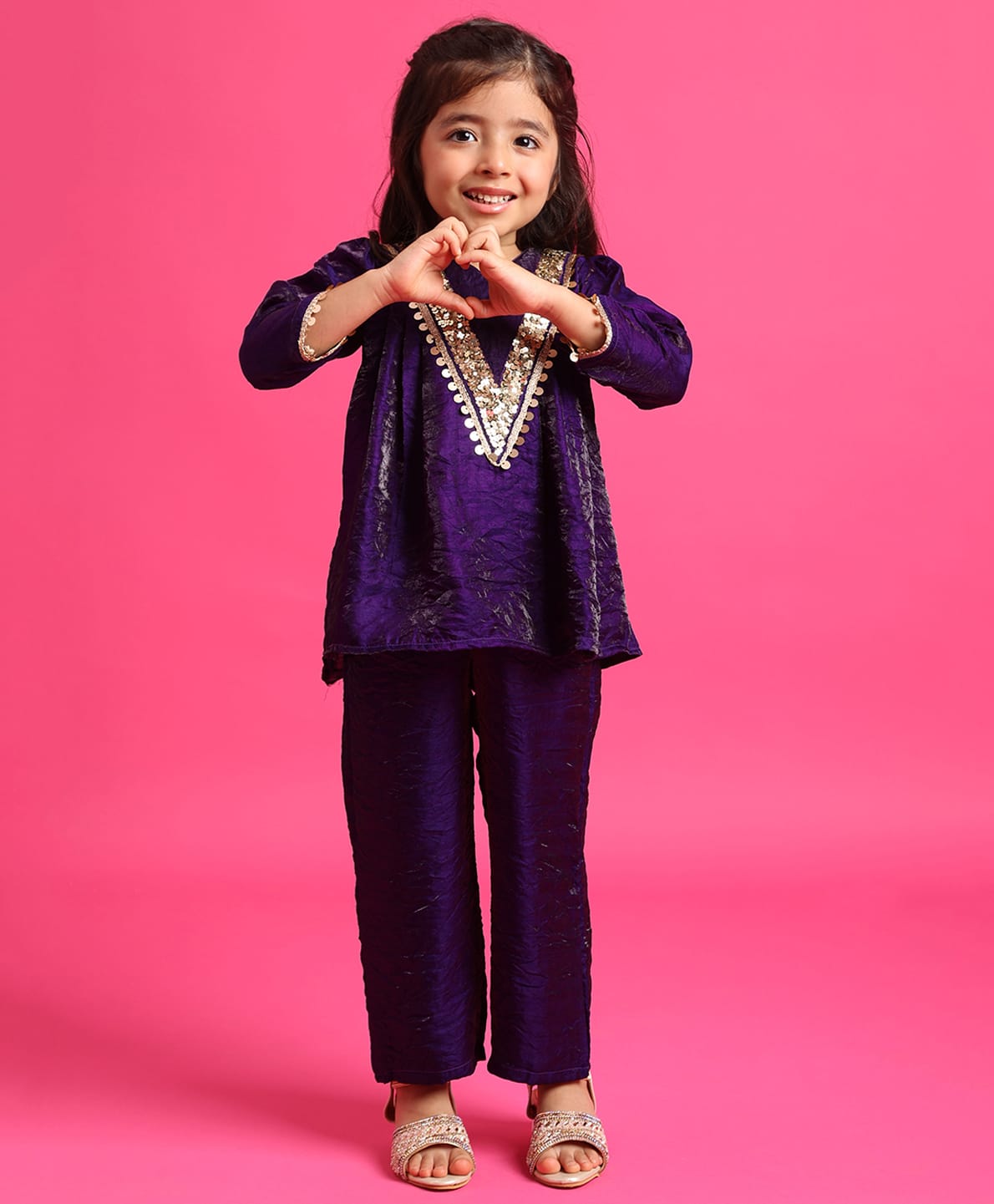 Tiny Kingodm Tissue Woven Three Fourth Sleeves Sequins & Lace Embellished Top & Pants - Purple-image-42