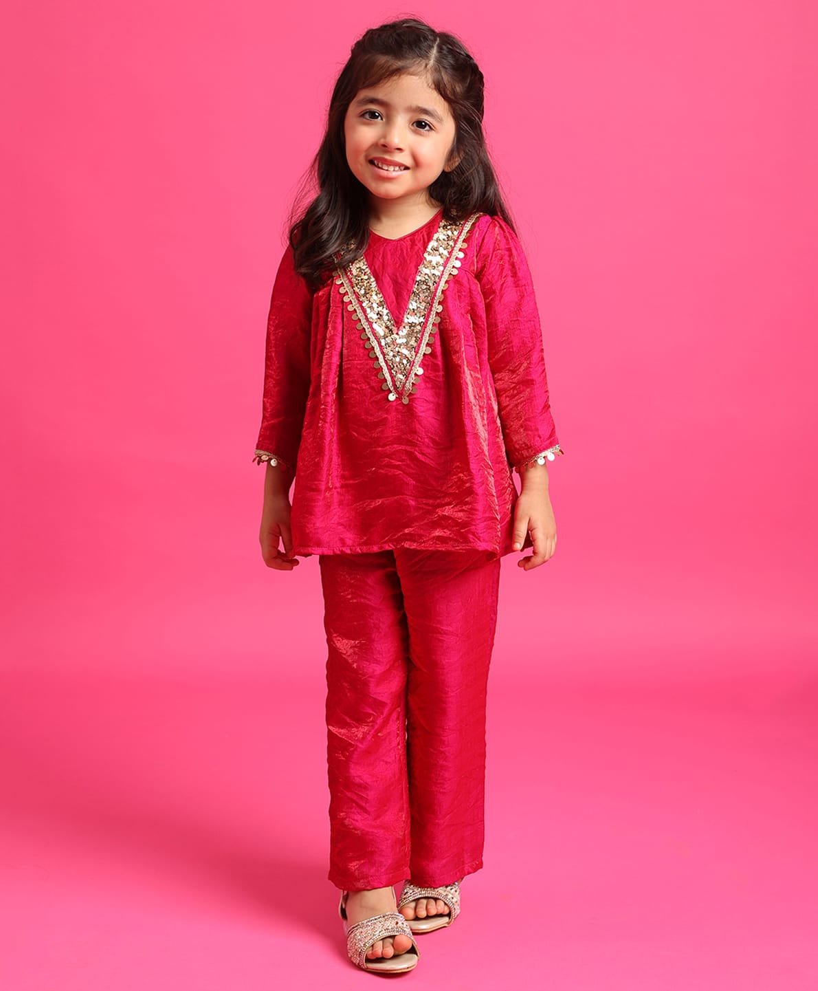 Tiny Kingodm Tissue Woven Three Fourth Sleeves Sequins & Lace Embellished Top & Pants - Pink-image-21