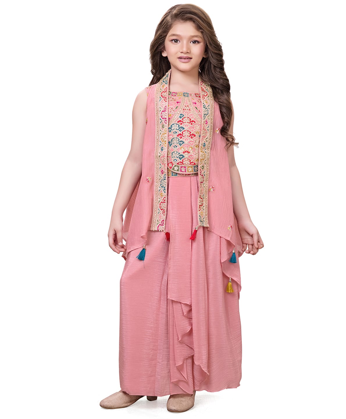 Tiny Kingdom Woven Sleeveless Floral Embroidered Sequins Embellished Top & Lehenga With Shrug - Pink-image-5