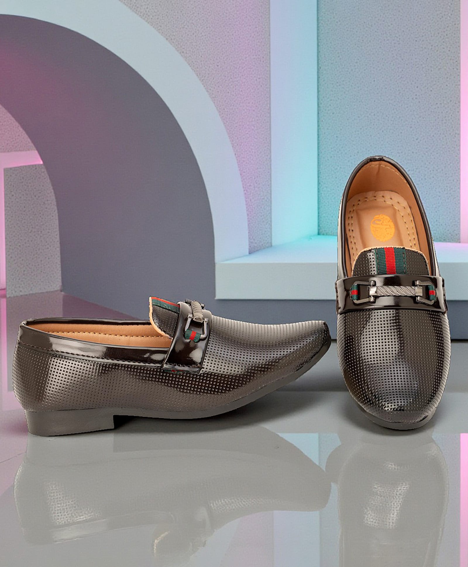 Freeplay Abstract Applique Detailed Glossy Finished Loafers - Brown-picture-23